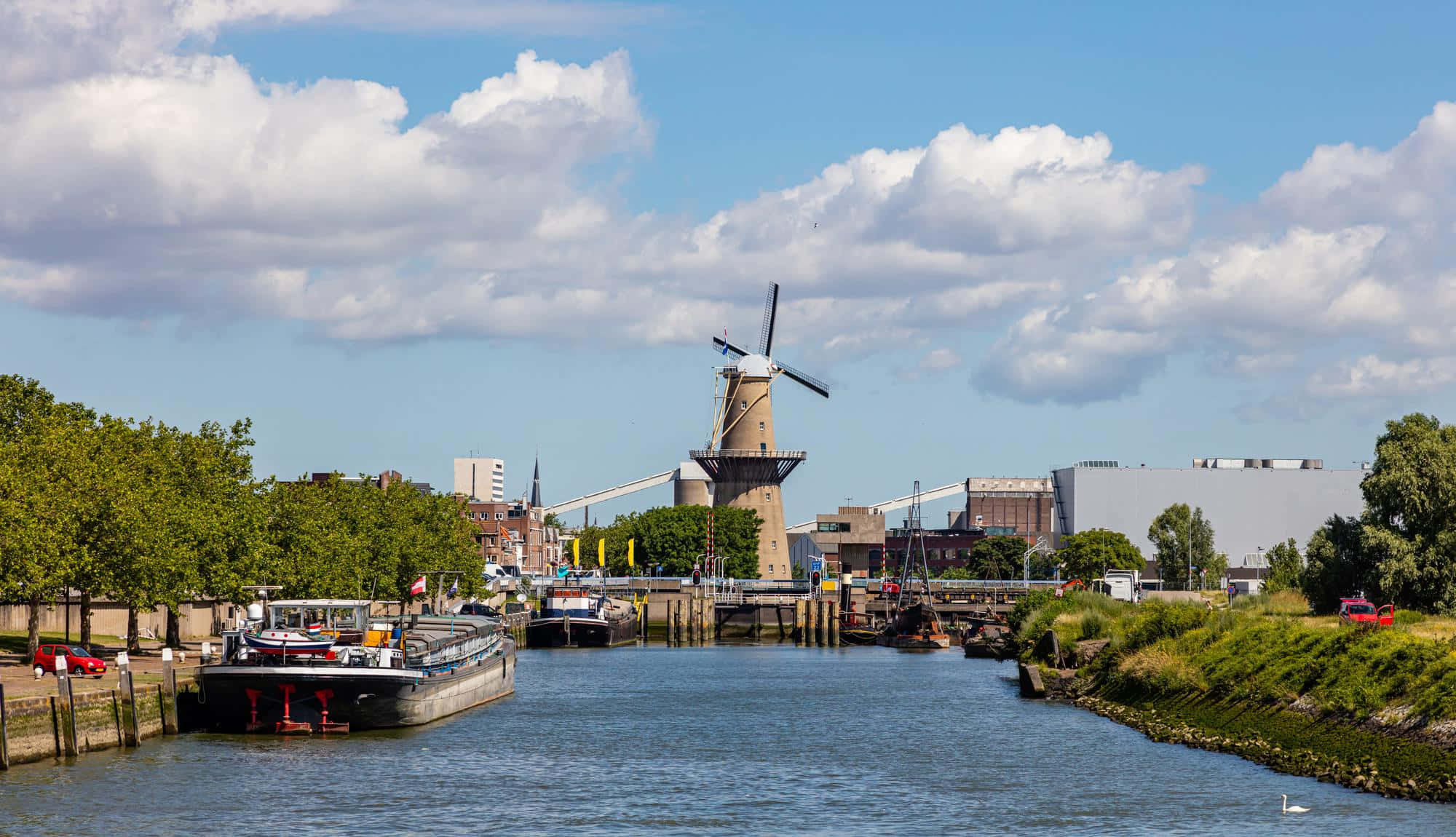 Schiedam, windmill, canal, Full HD Desktop Wallpaper