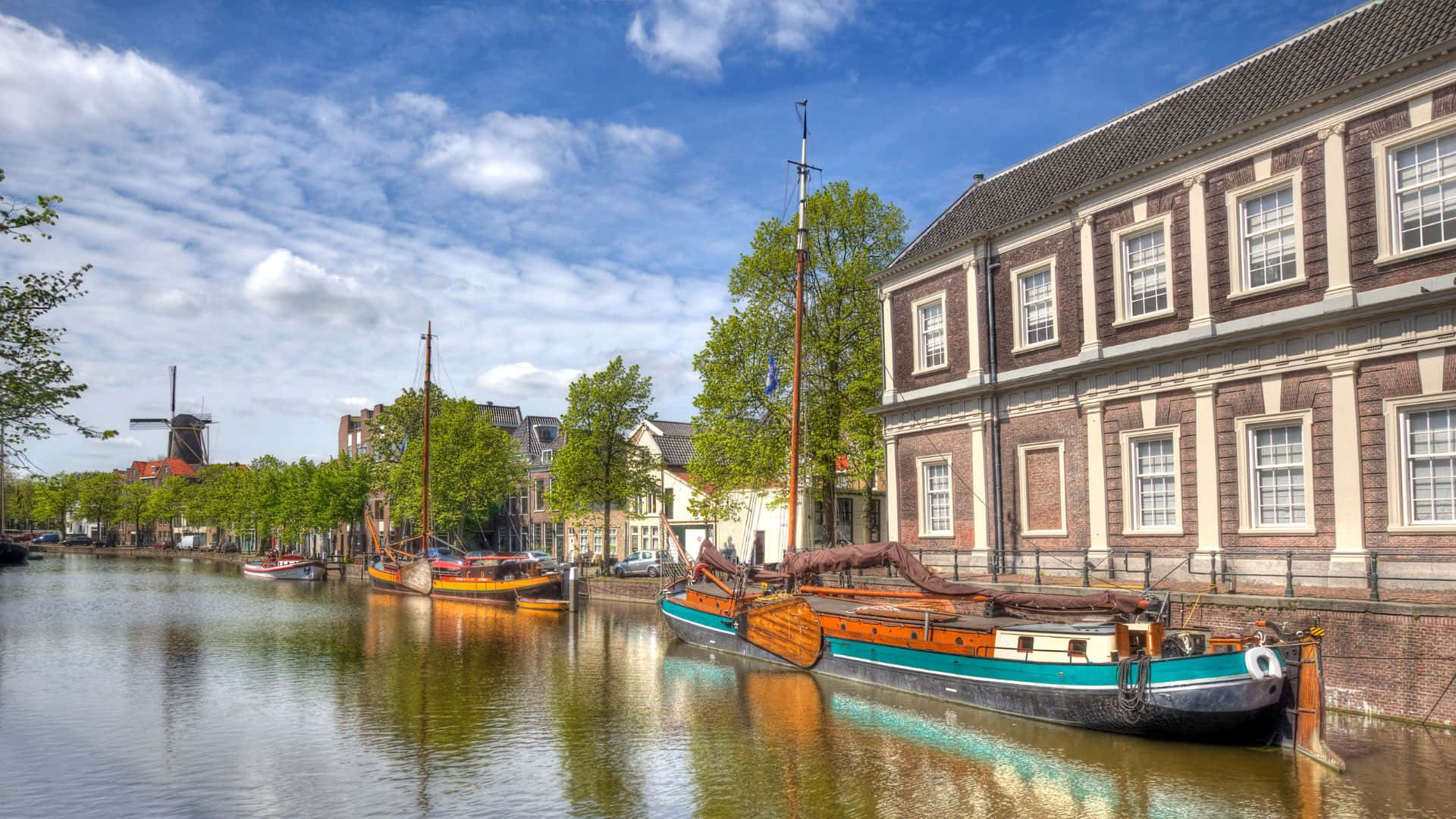 Schiedam, canal, windmill, Full HD Desktop Wallpaper