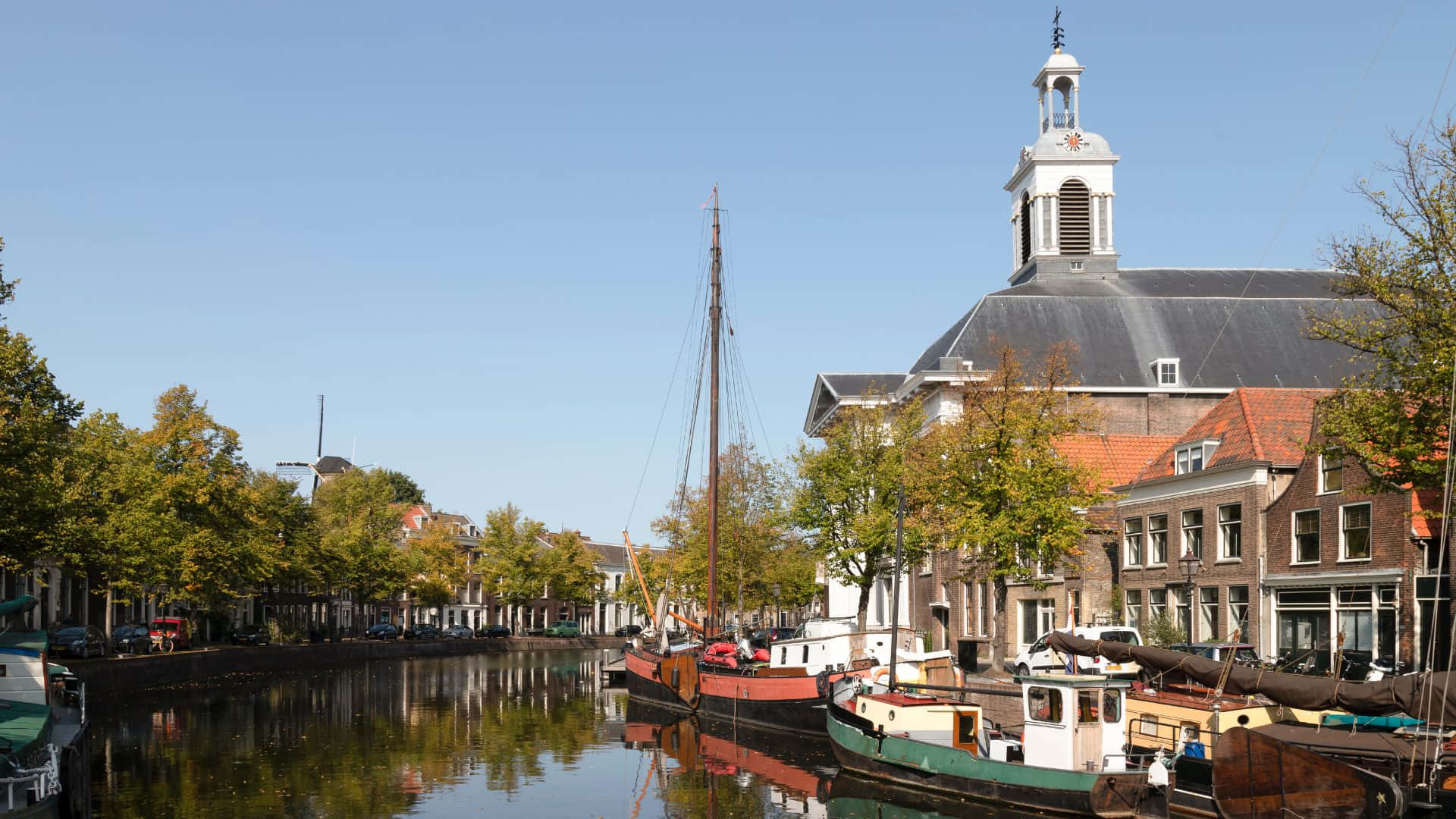 Schiedam, canal, historic brick buildings, Full HD Desktop Wallpaper