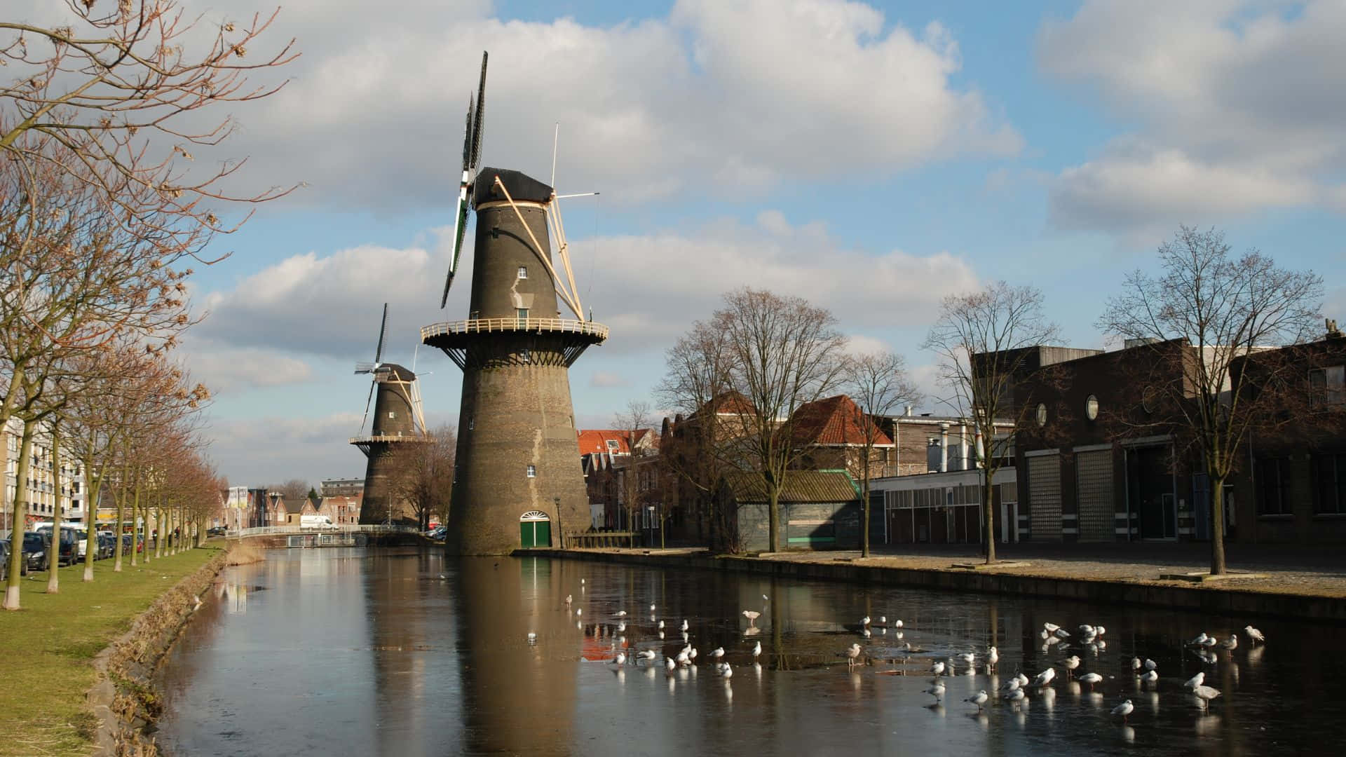 Schiedam, windmills, canal, Full HD Desktop Wallpaper