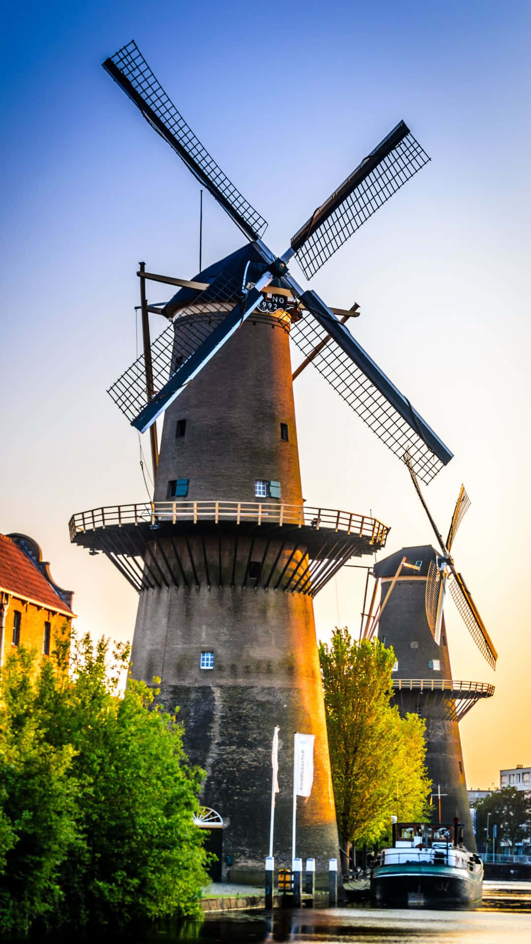 Schiedam, windmills, sunset, Full HD Phone Wallpaper