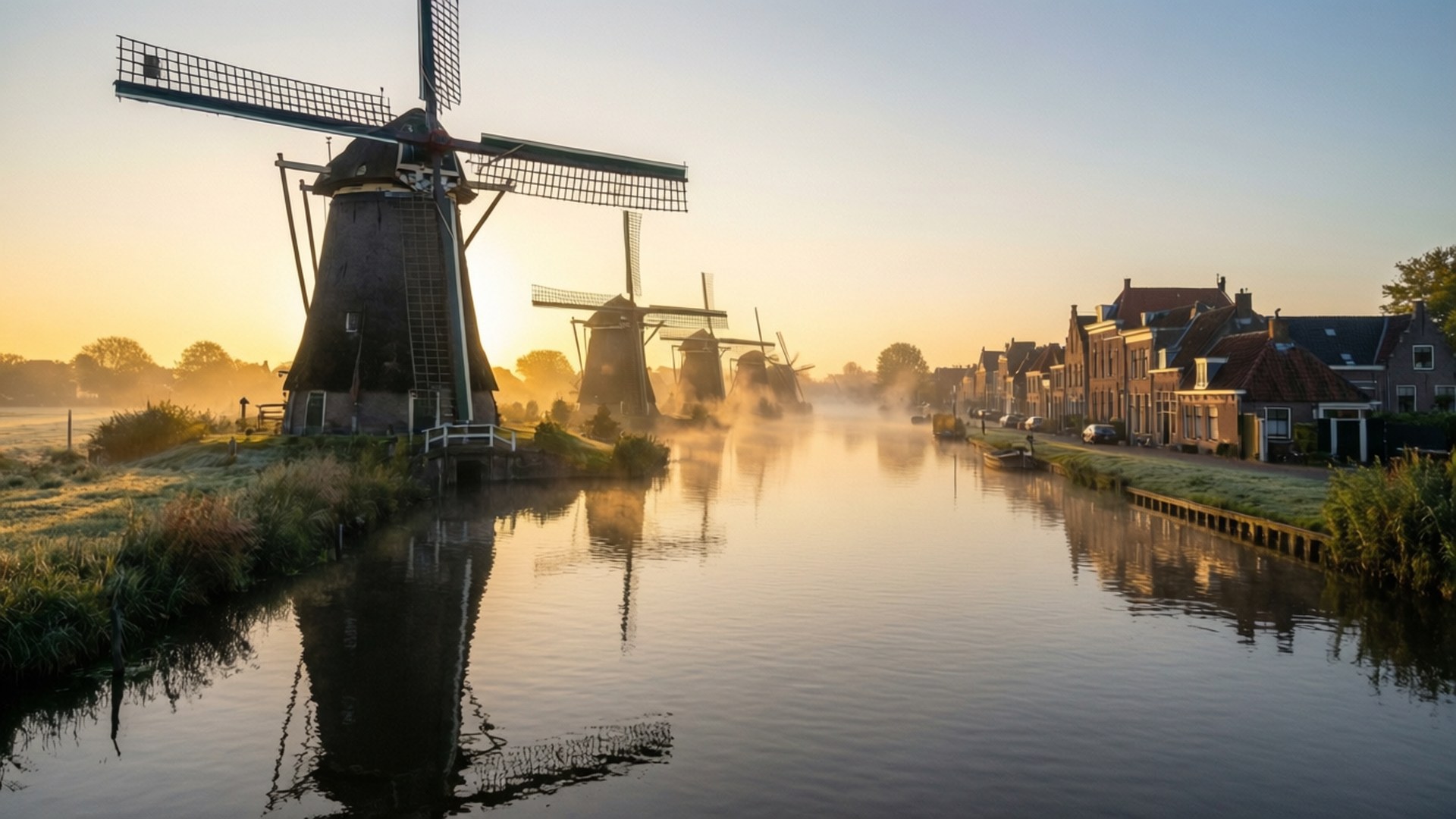 Schiedam, windmills, canal, Full HD Desktop Wallpaper