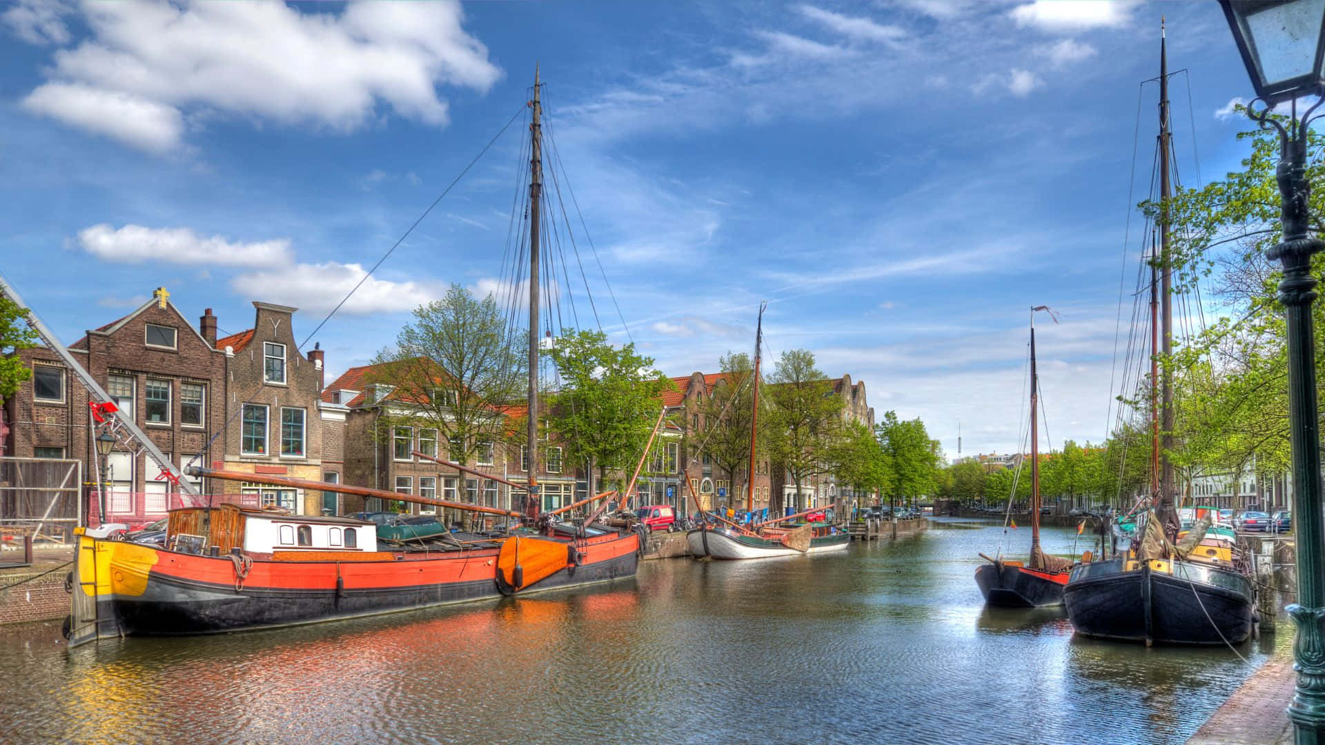 Schiedam, canal, historic boats, Full HD Desktop Wallpaper