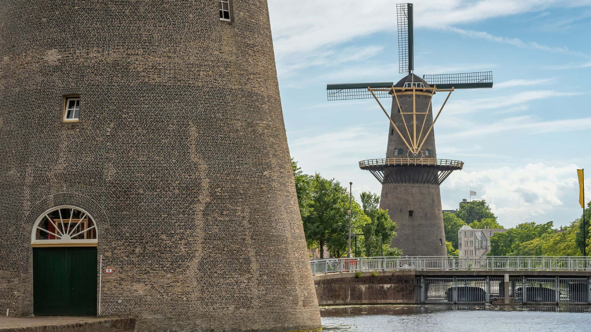 Schiedam, windmill, canal, Full HD Desktop Wallpaper