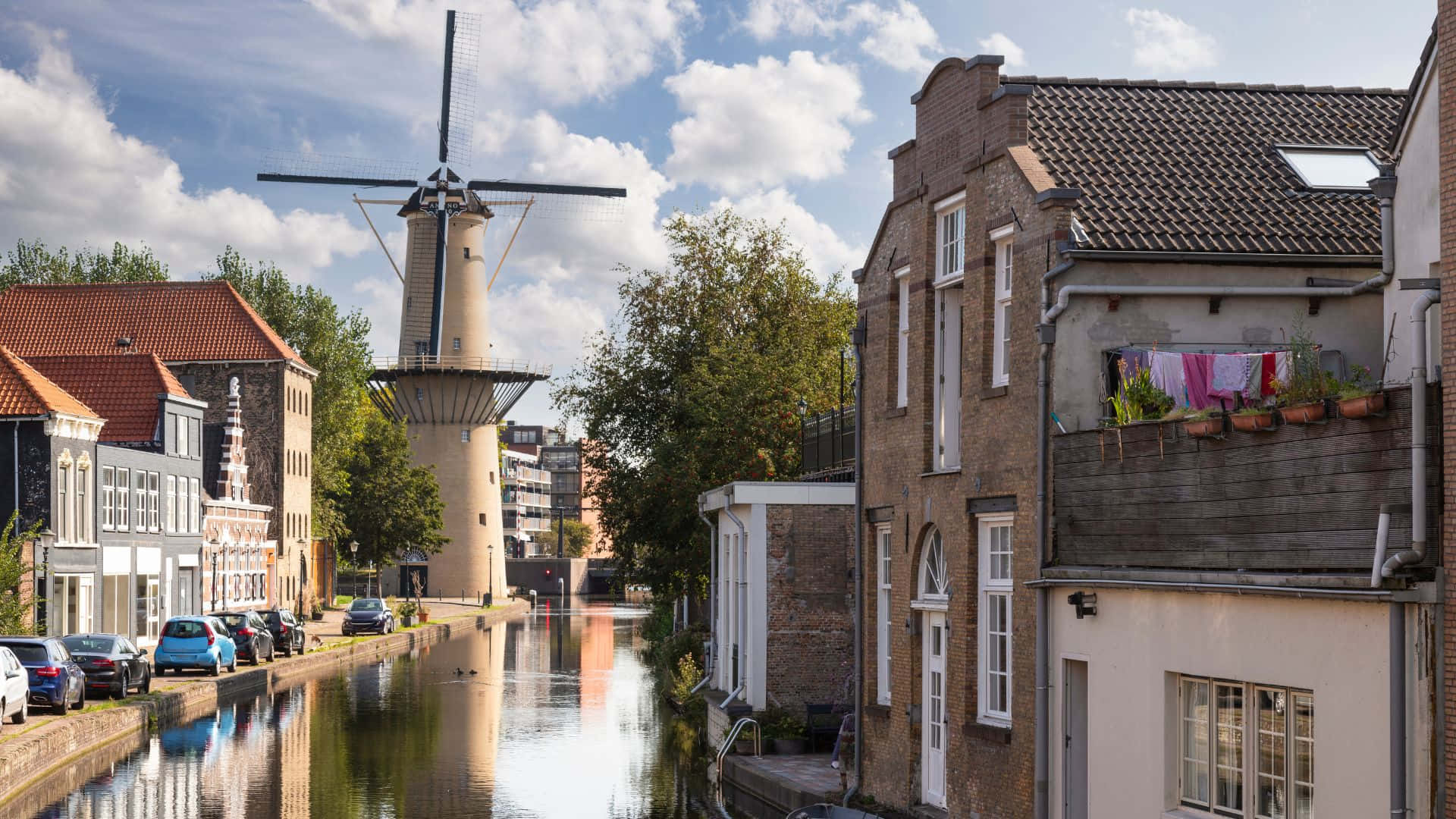 Schiedam, canal, windmill, Full HD Desktop Wallpaper