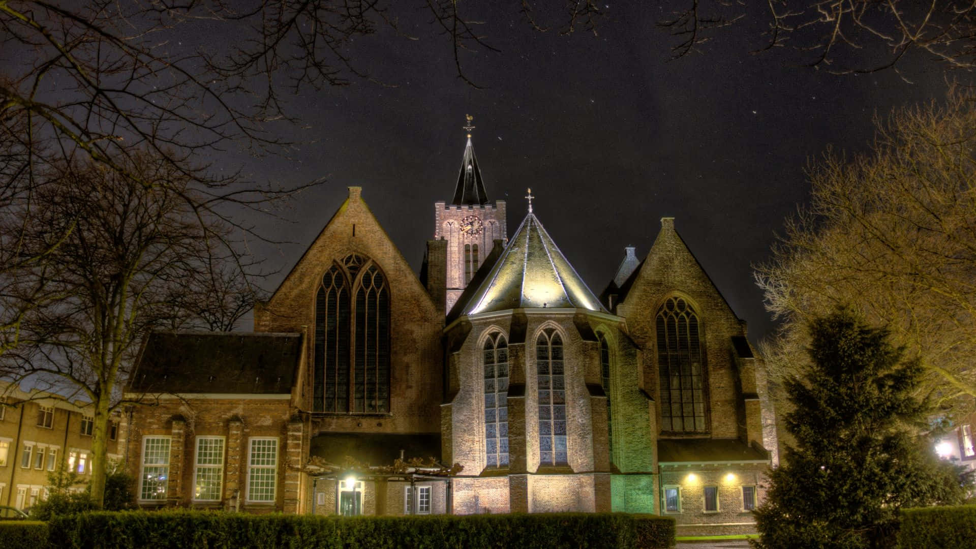 Schiedam, nighttime, church, Full HD Desktop Wallpaper