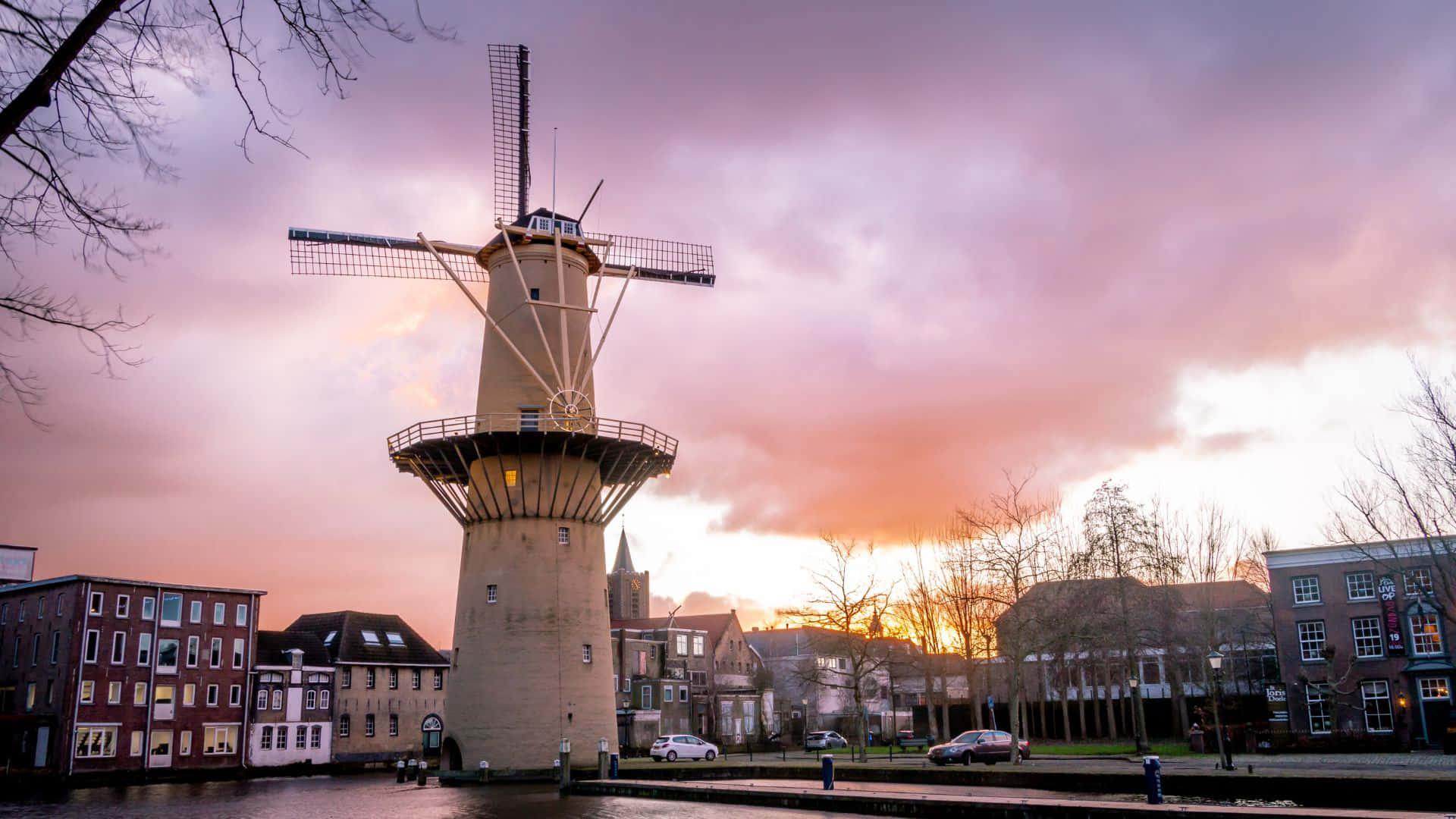 Schiedam, windmill, sunset, Full HD Desktop Wallpaper