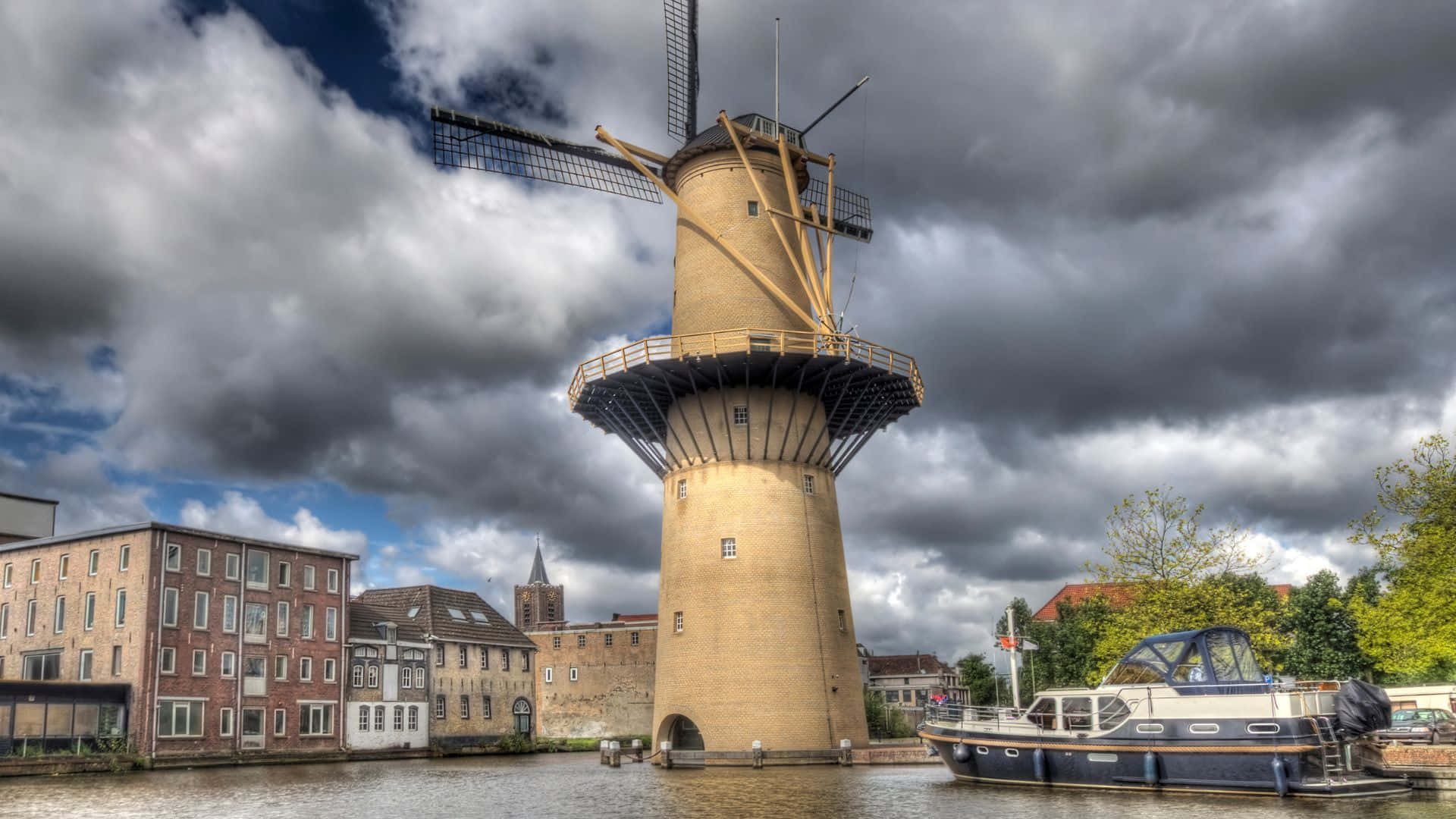 Schiedam, windmill, canal, Full HD Desktop Wallpaper