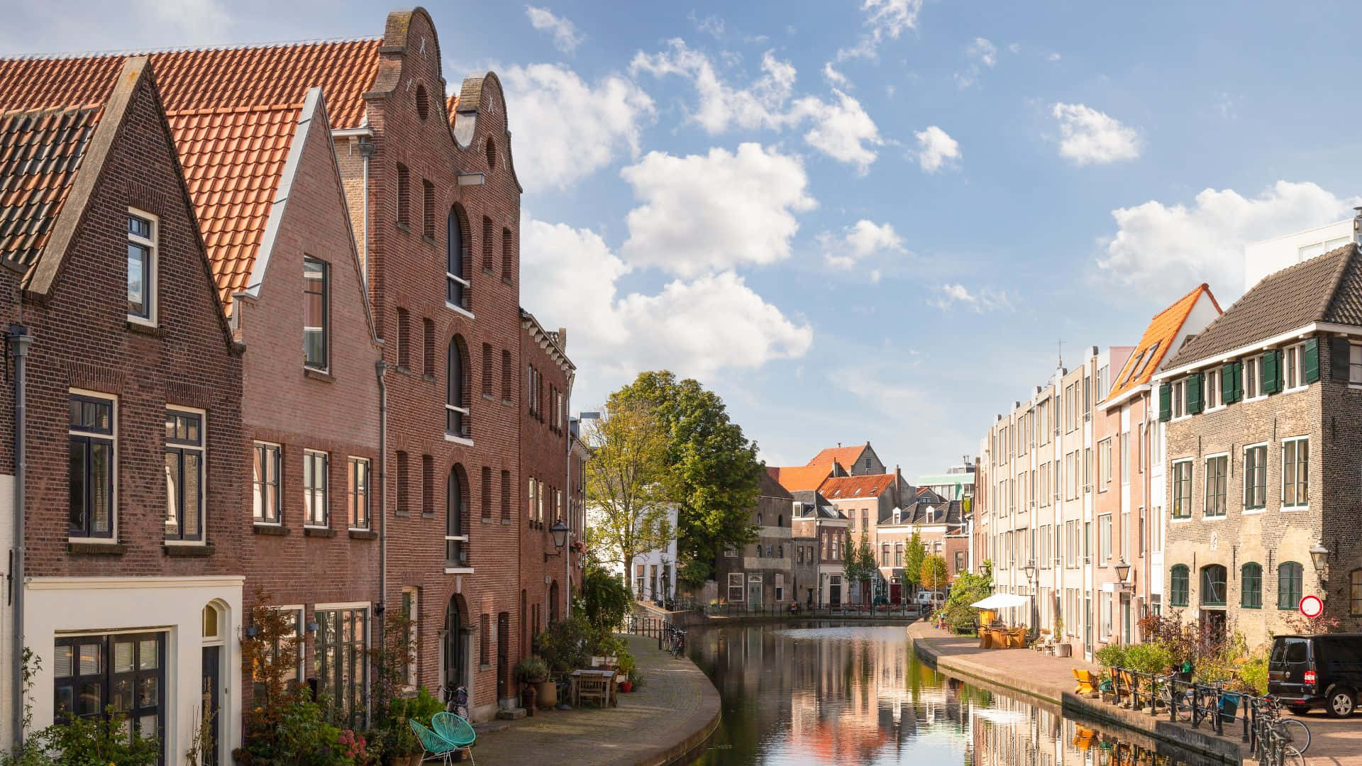 Schiedam, canal, historic brick buildings, Full HD Desktop Wallpaper