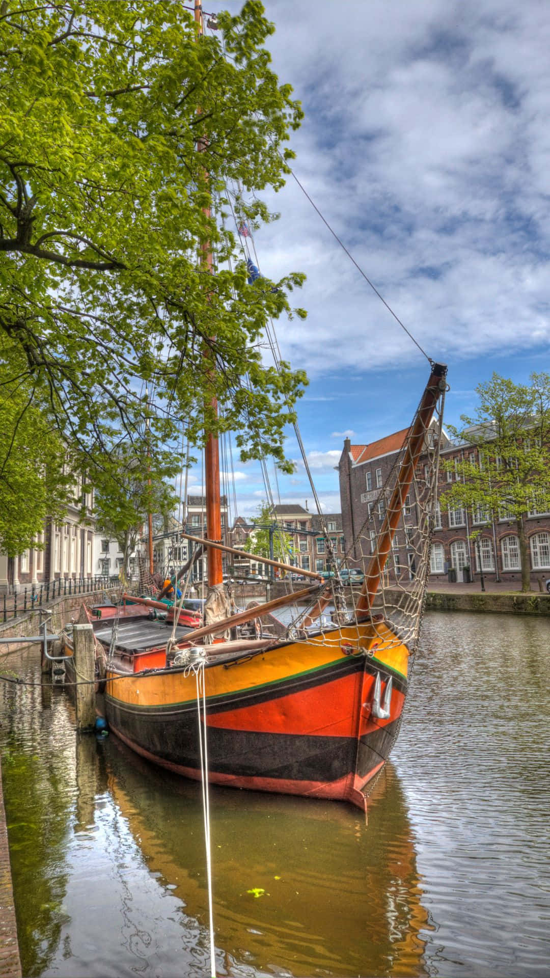 Schiedam, canal boat, orange and black, Full HD Phone Wallpaper