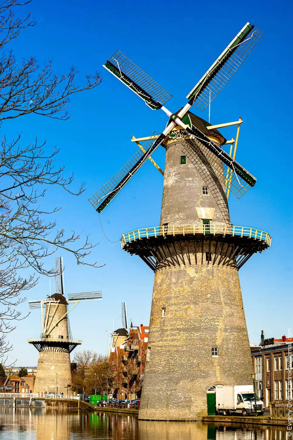 Schiedam, windmills, canal, HD Phone Wallpaper