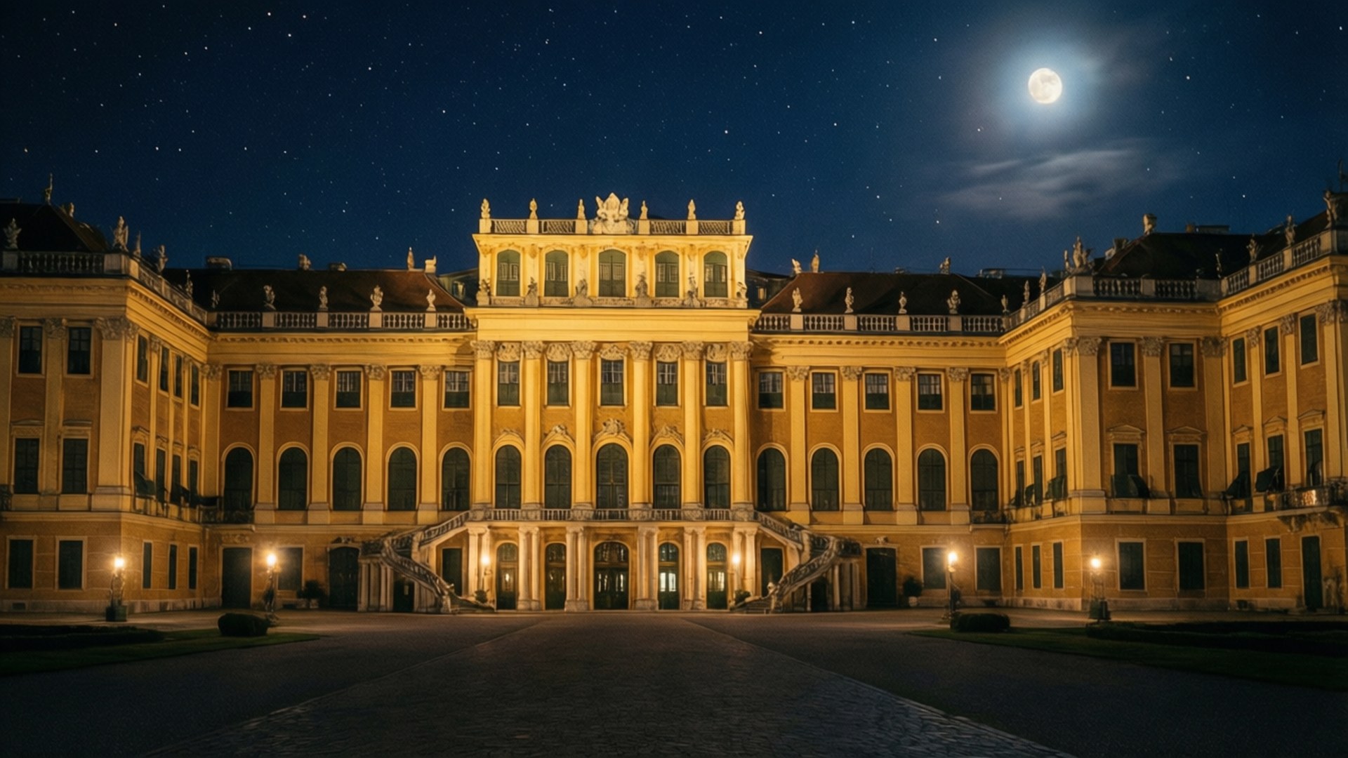 Schonbrunn Palace, starry sky, night view, Full HD Desktop Wallpaper