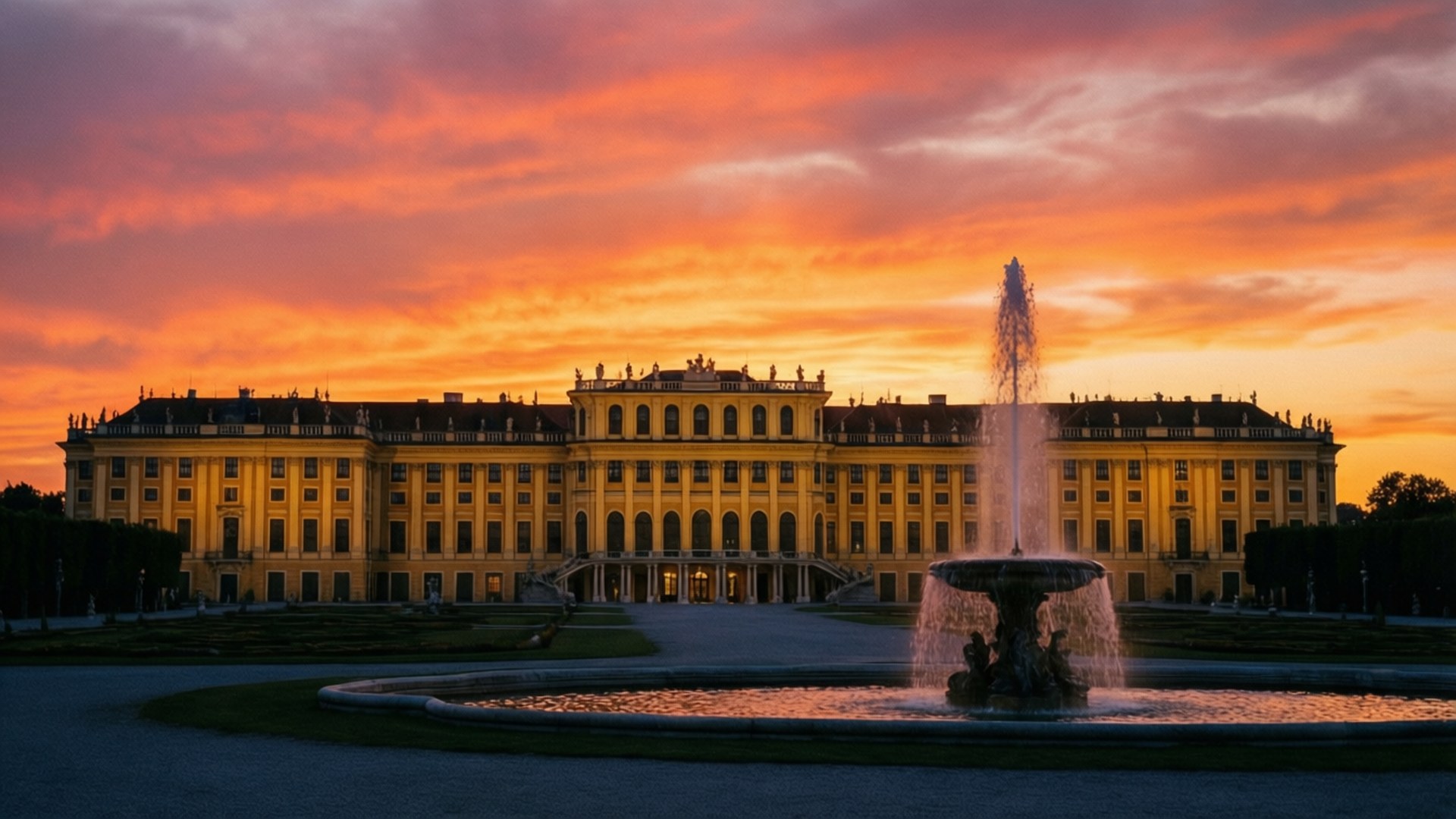 Schonbrunn Palace, golden sunset light, fountain, Full HD Desktop Wallpaper