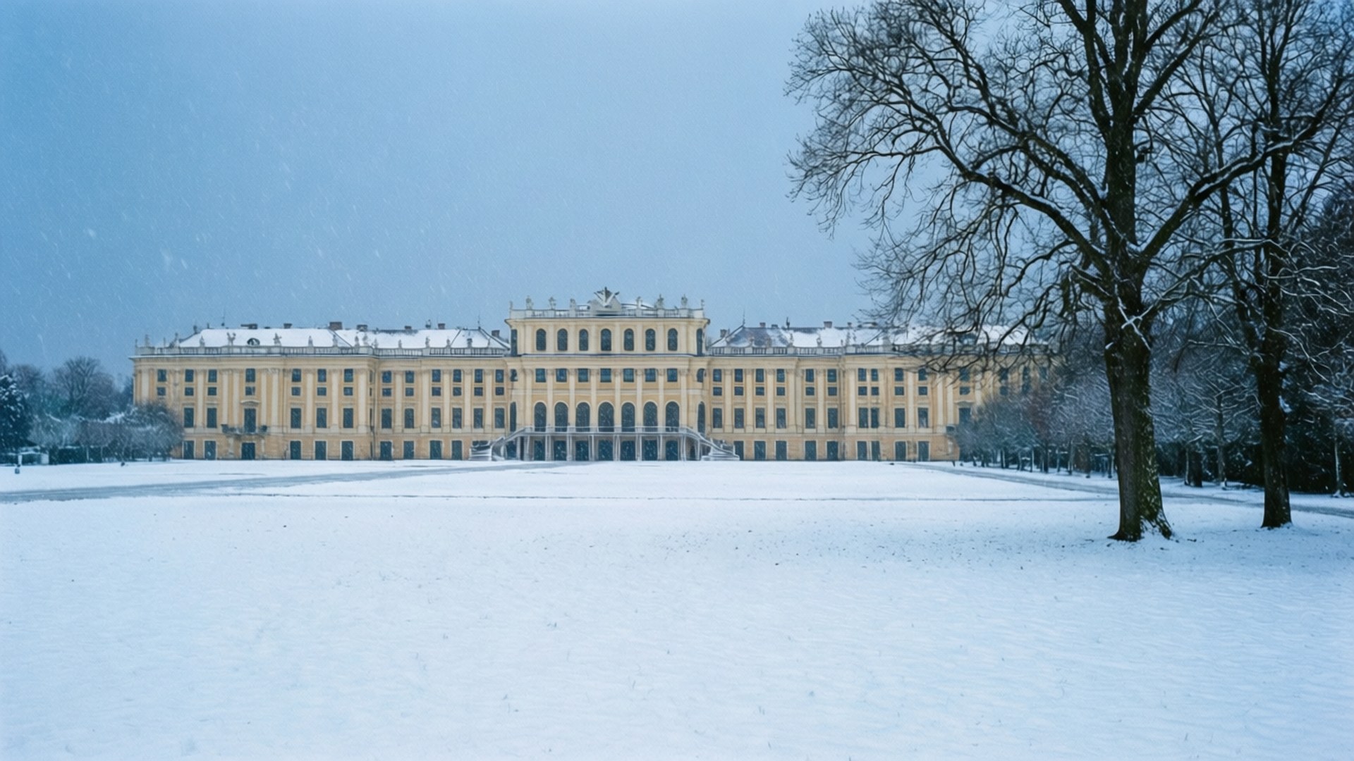 Schonbrunn, yellow palace, falling snow, Full HD Desktop Wallpaper