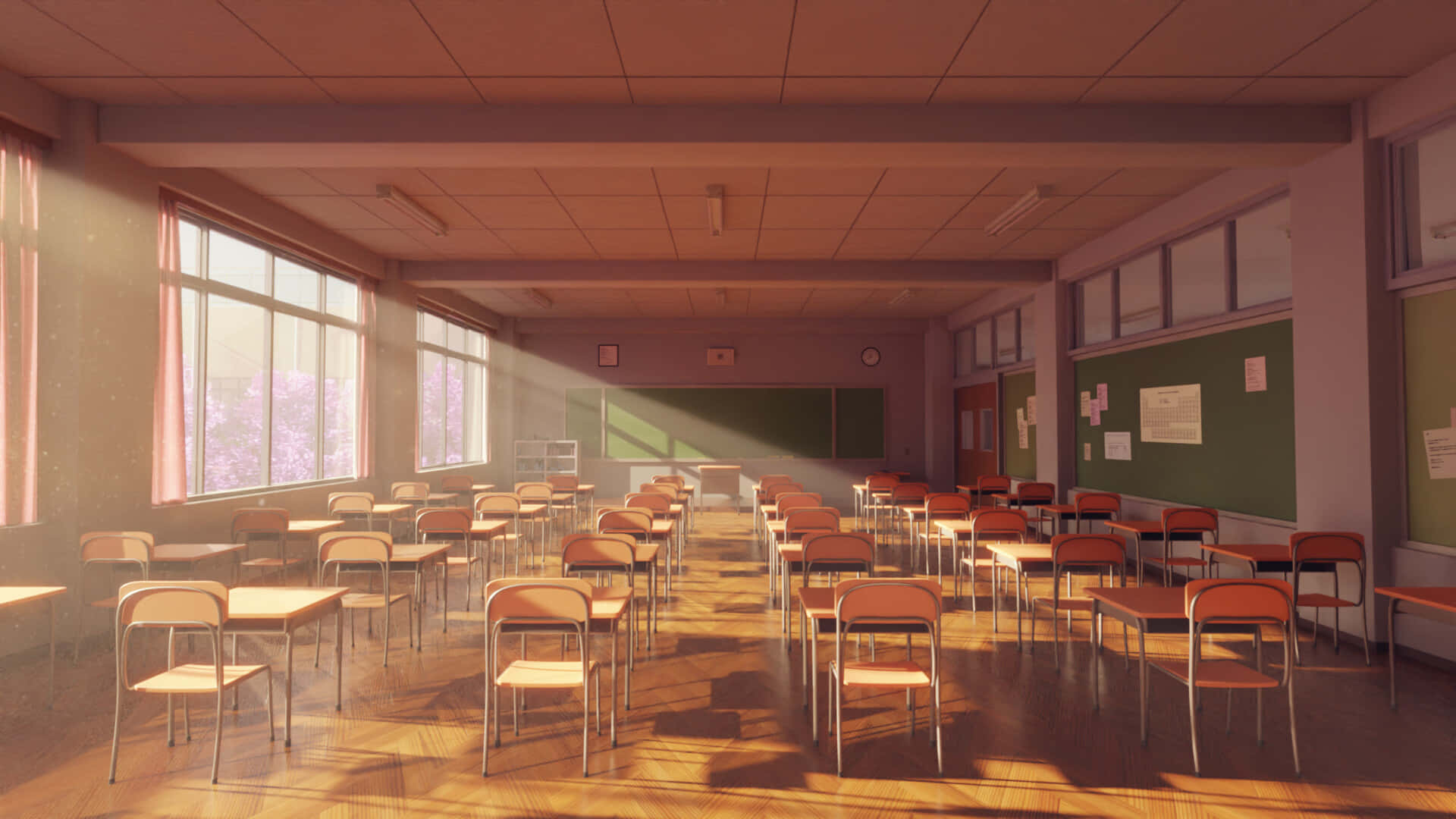 sunset glow, classroom, wooden desks, Full HD Desktop Wallpaper