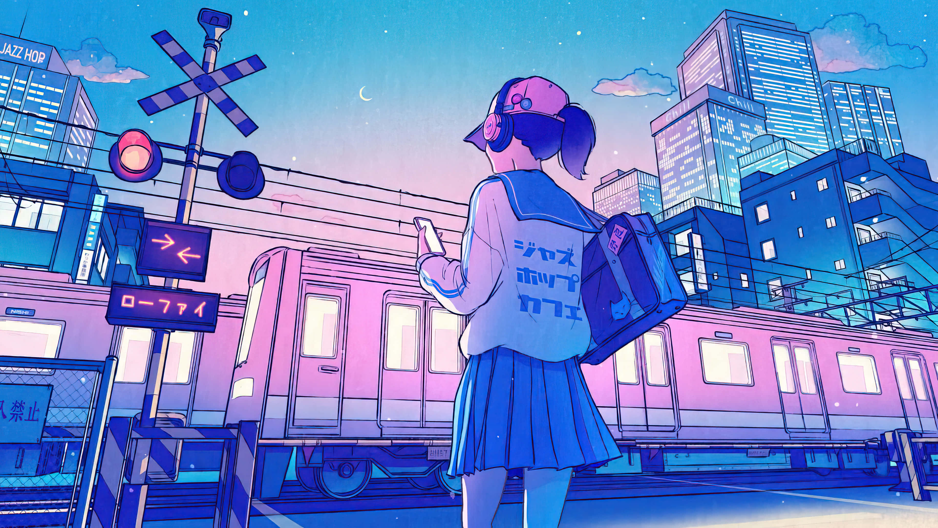 urban schoolgirl, evening train stop, glowing pink and blue train station, 4K Desktop Wallpaper