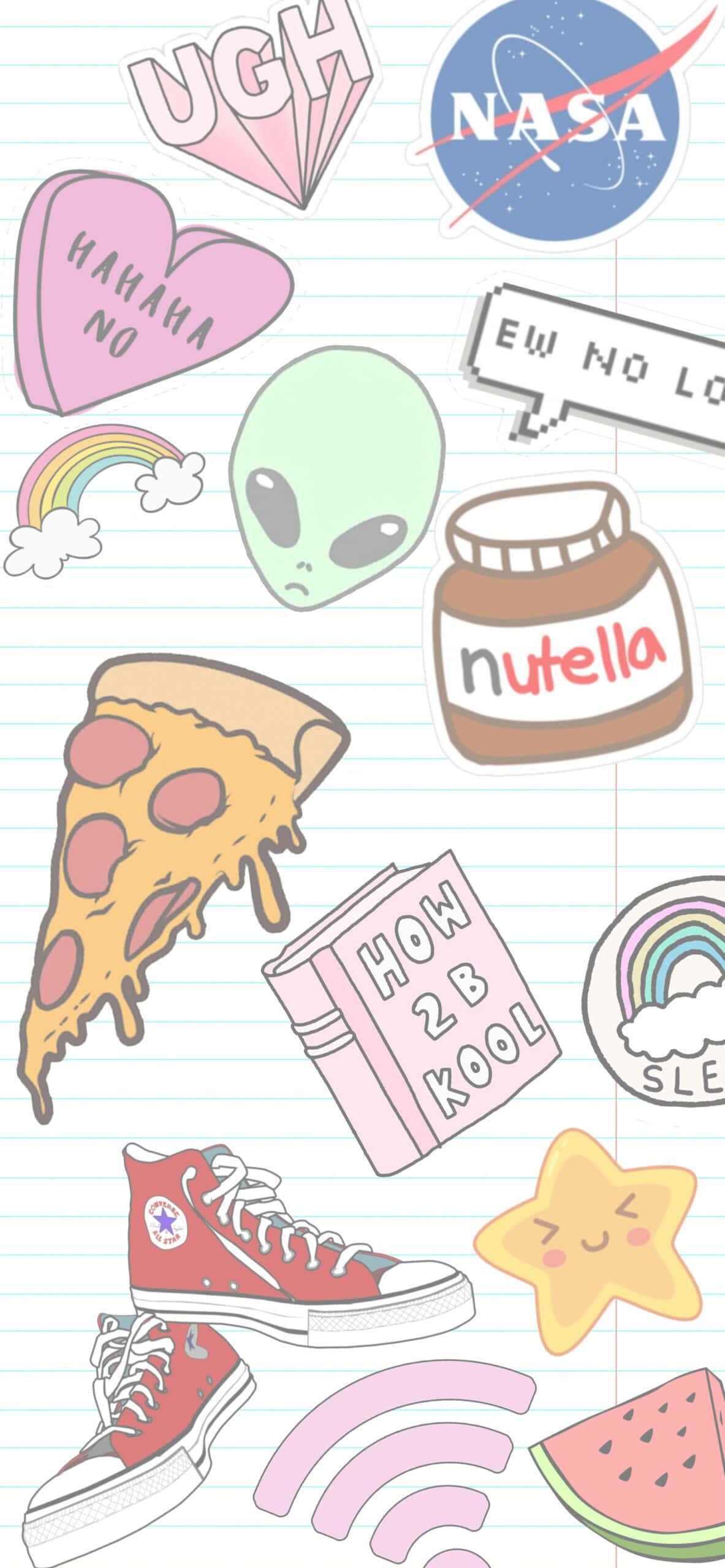 trendy school stickers collage, cute stickers, lined notebook paper, 2K Phone Wallpaper