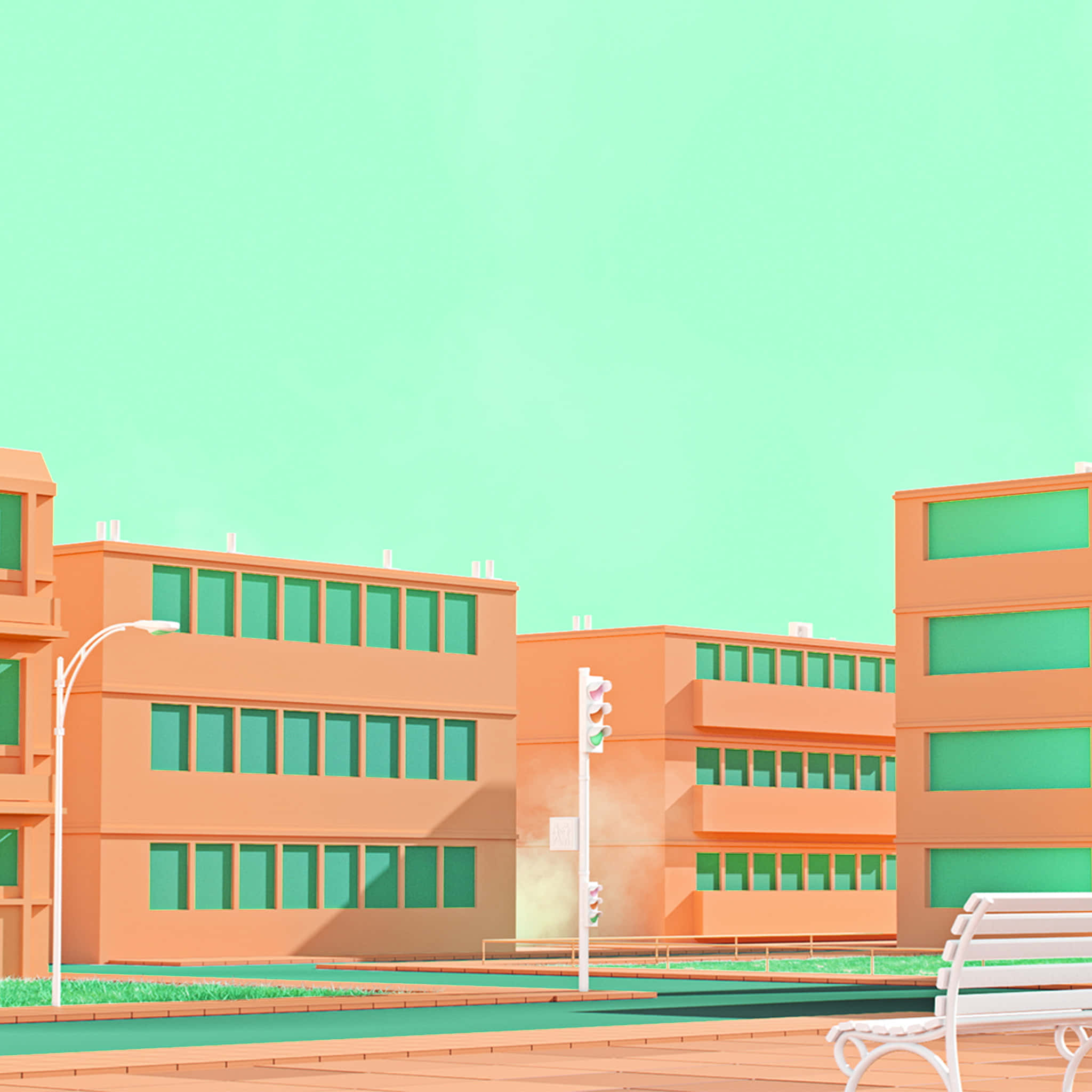 peach buildings, teal windows, mint green sky, Full HD Desktop Wallpaper