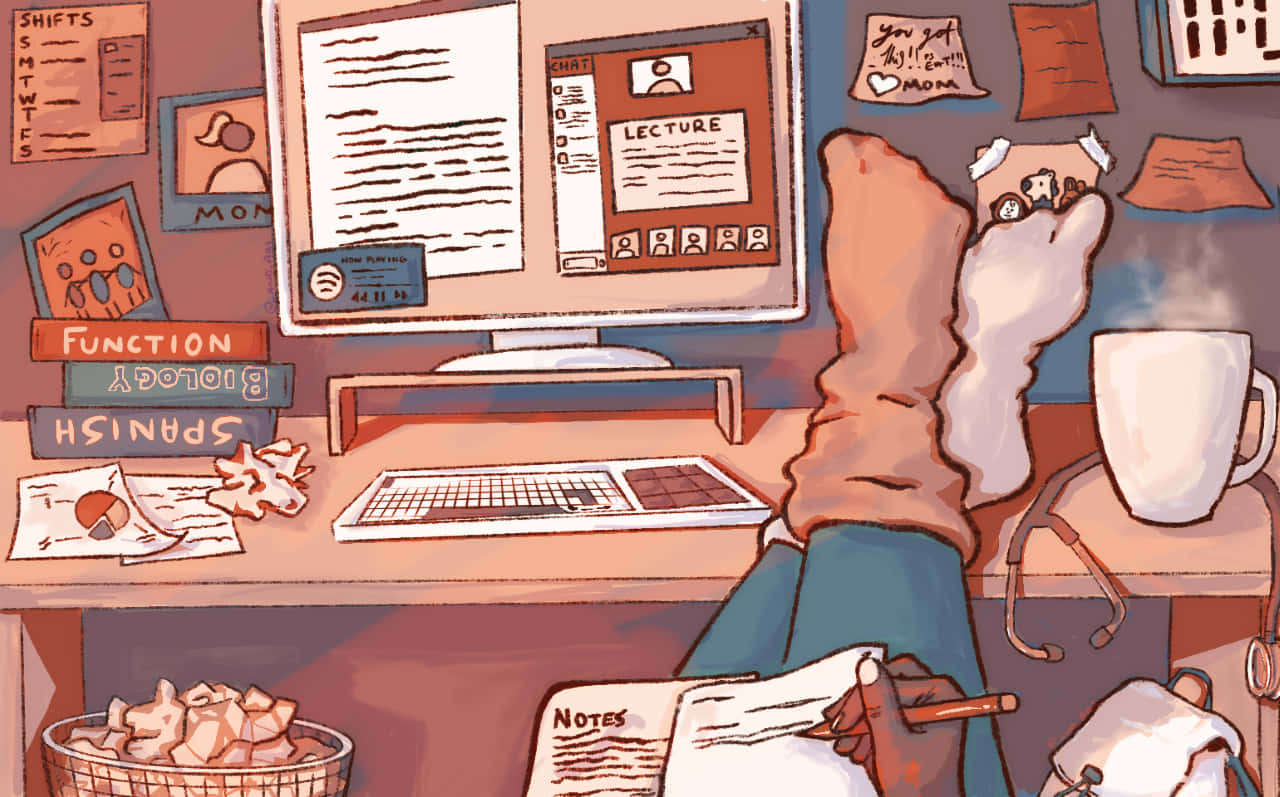 student desk, notes, books, HD Desktop Wallpaper