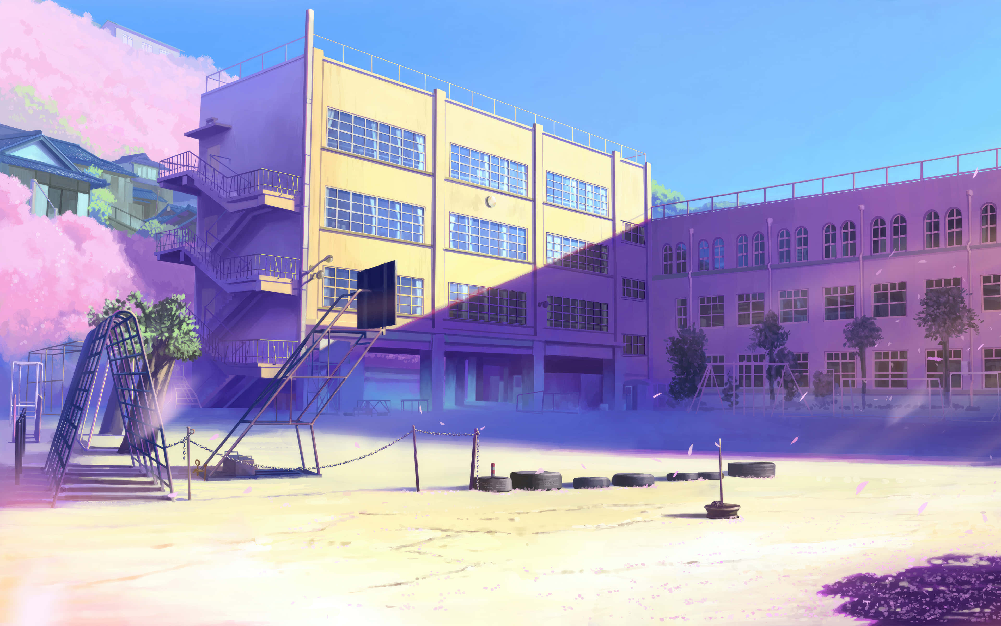 pastel schoolyard sunset, anime-style schoolyard, purple and pink light, 4K Desktop Wallpaper
