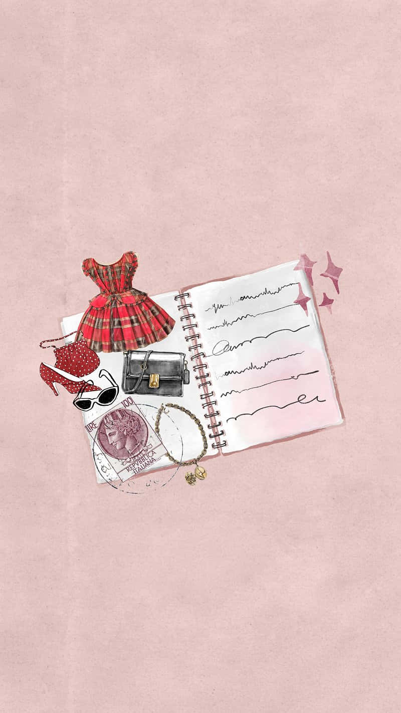 vintage schoolgirl aesthetic, pink illustrated notebook, plaid dress, HD Phone Wallpaper