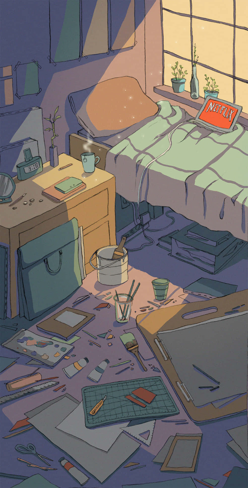 cozy evening study room aesthetic, warm sunset light, laptop, Full HD Phone Wallpaper