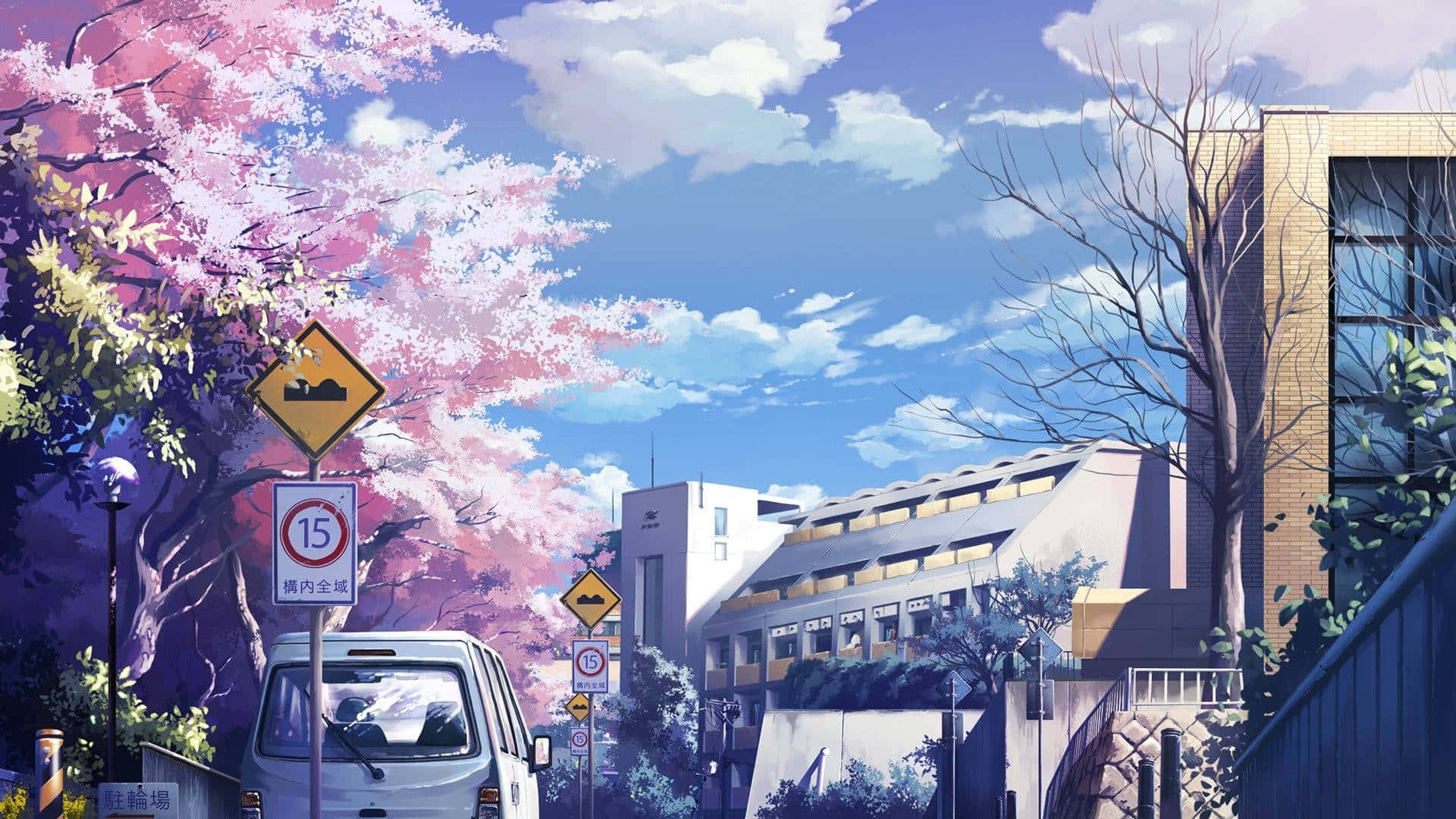 cherry blossom school street, white van, blooming pink cherry trees, Full HD Desktop Wallpaper