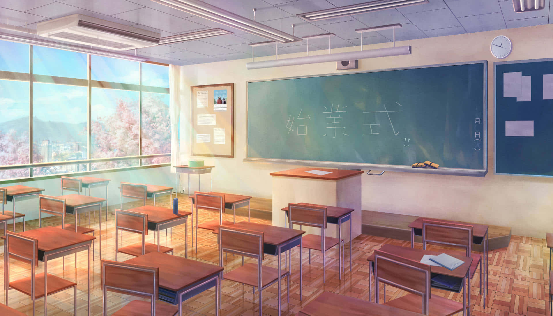 sunny classroom aesthetic, wooden desks, cherry blossom trees, Full HD Desktop Wallpaper