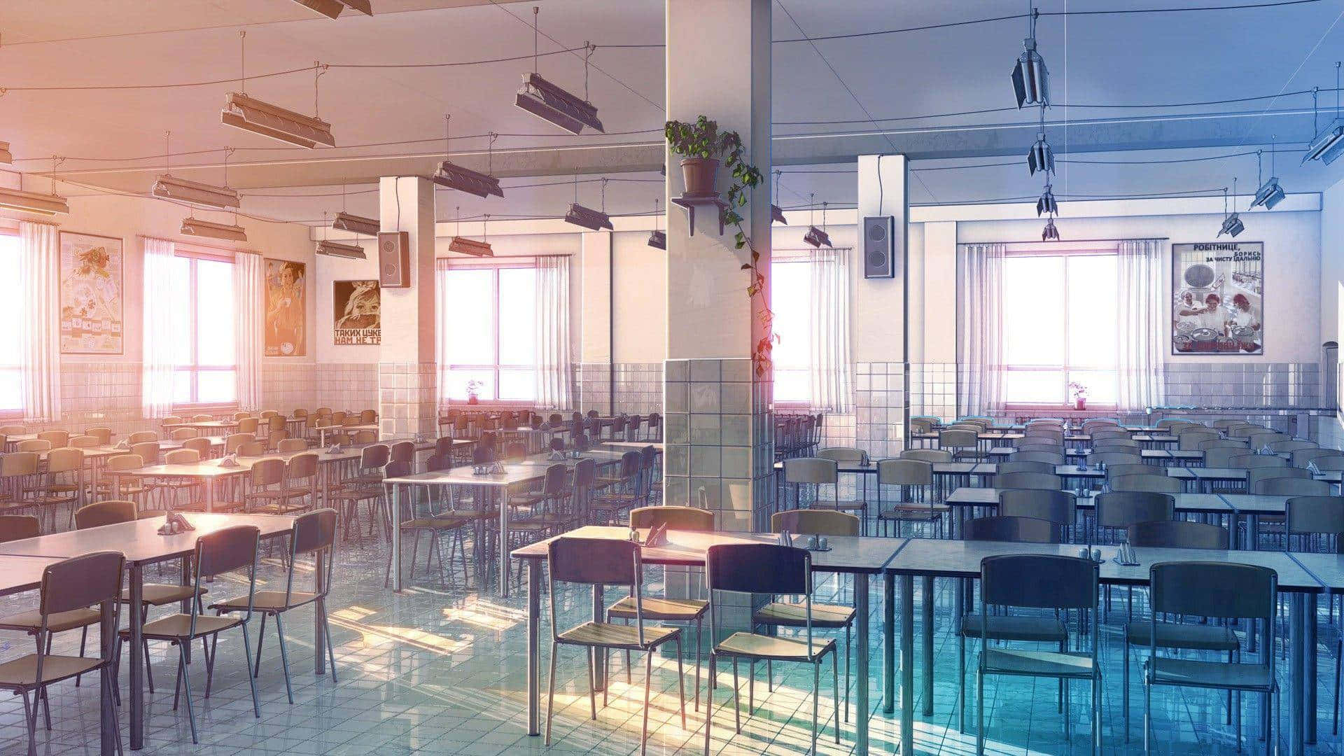 sunlit, empty classroom, school cafeteria, Full HD Desktop Wallpaper