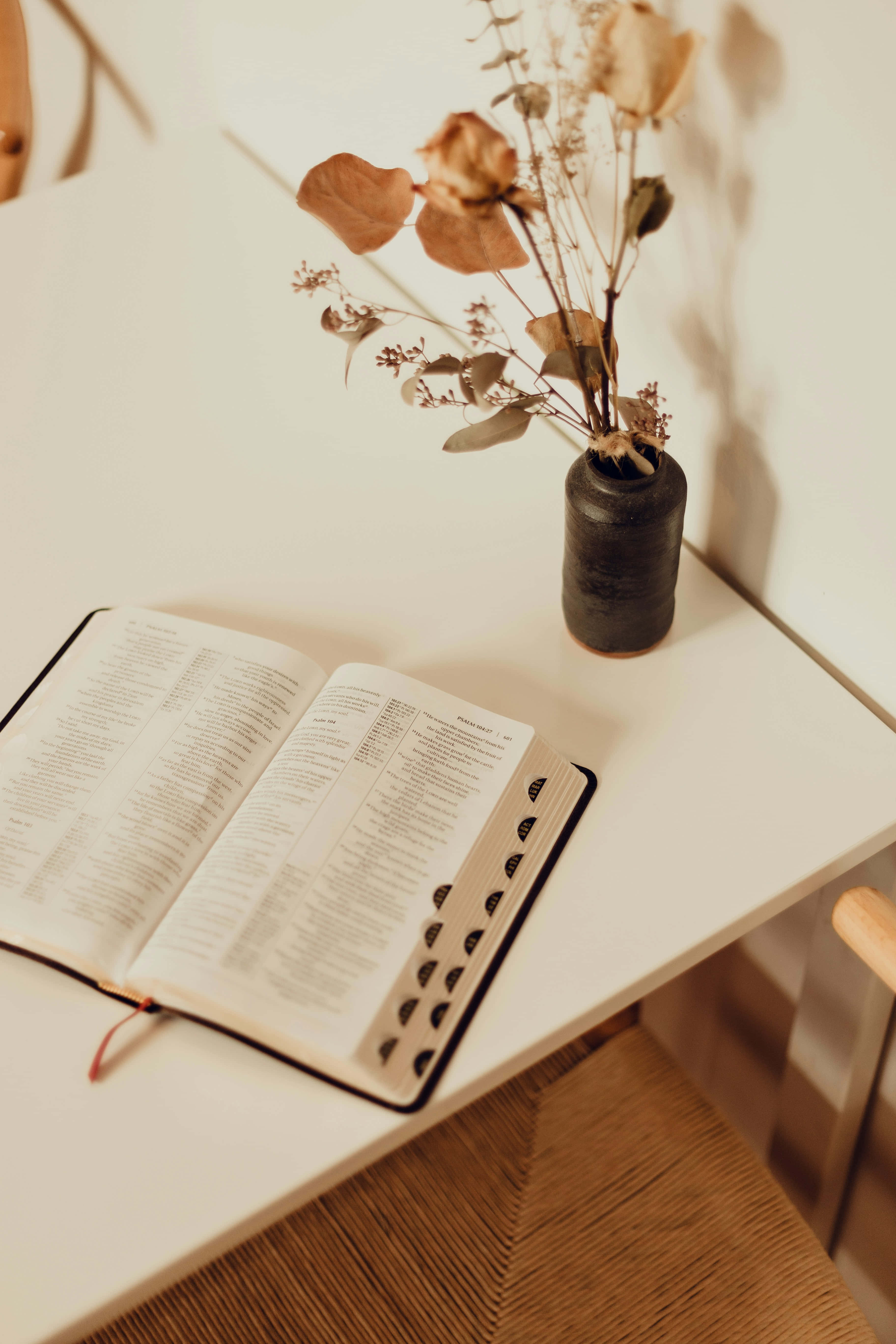 Serene Study Setup, white table, dark vase, 5K Phone Wallpaper