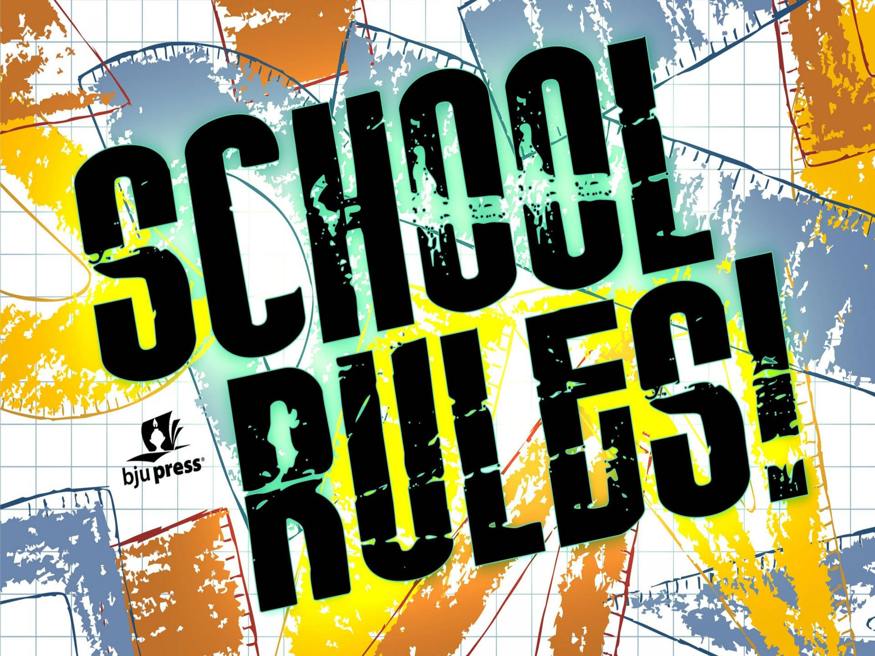 SCHOOL RULES!, black distressed text, vibrant abstract background, 2K Desktop Wallpaper