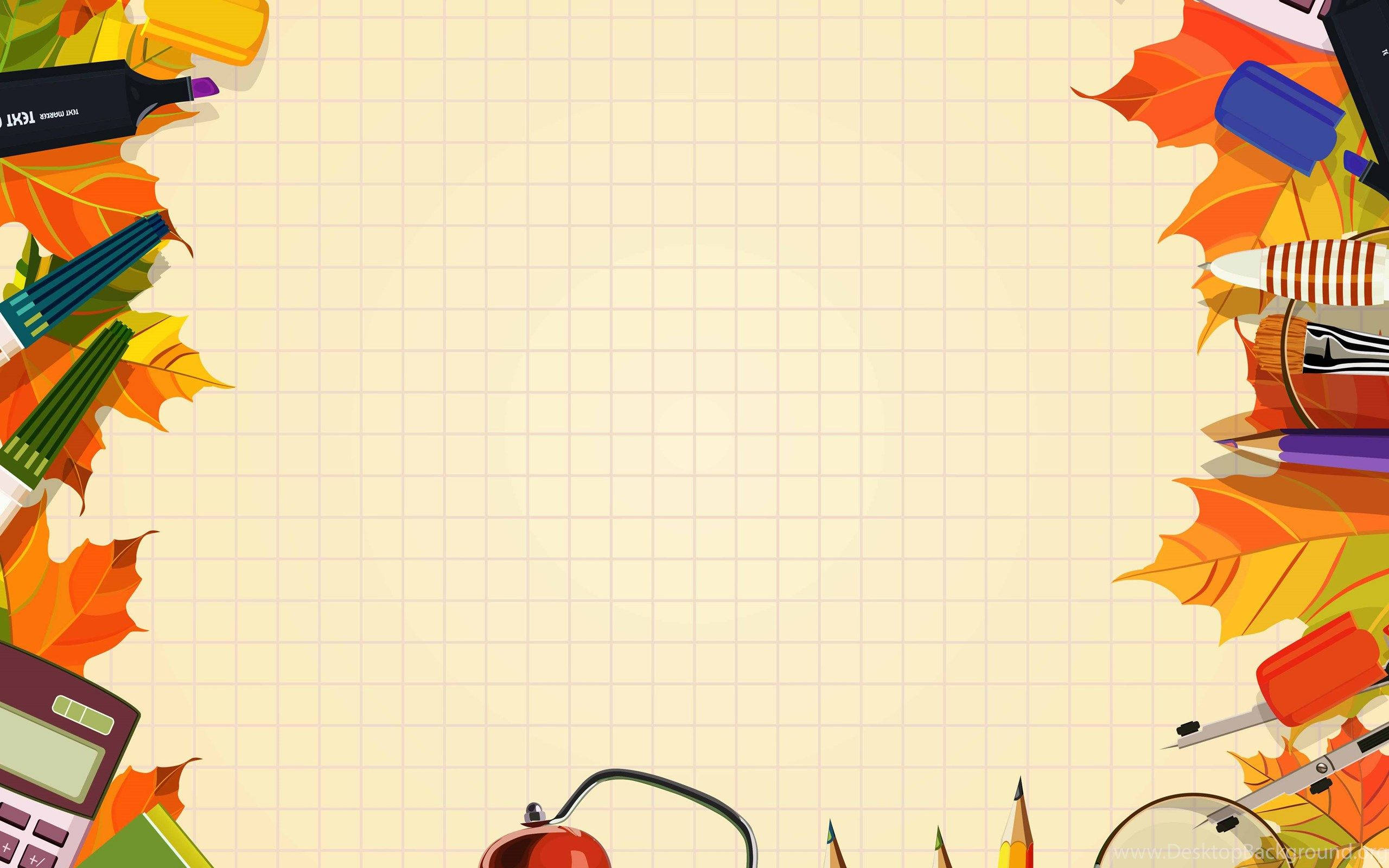 artistic school clipart background, autumn leaves, school supplies, 2K Desktop Wallpaper