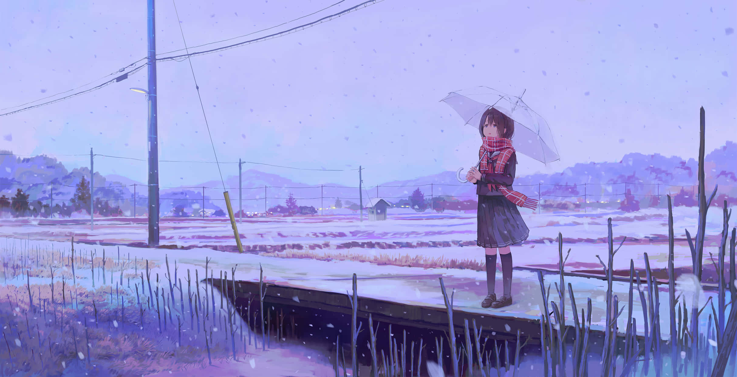 winter schoolgirl, red scarf, wooden dock, Full HD Desktop Wallpaper