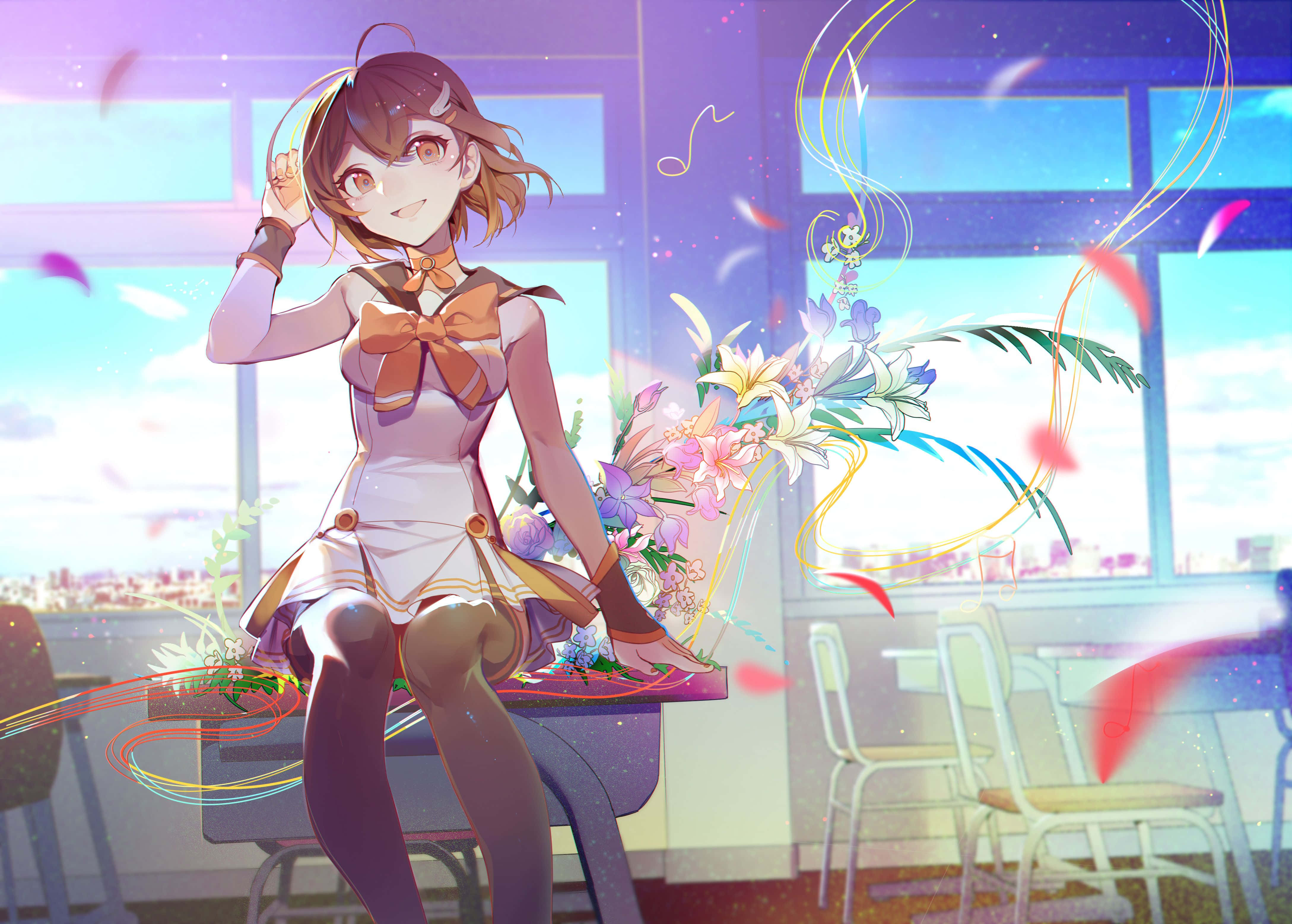 anime girl, sailor uniform, bright classroom, 4K Desktop Wallpaper