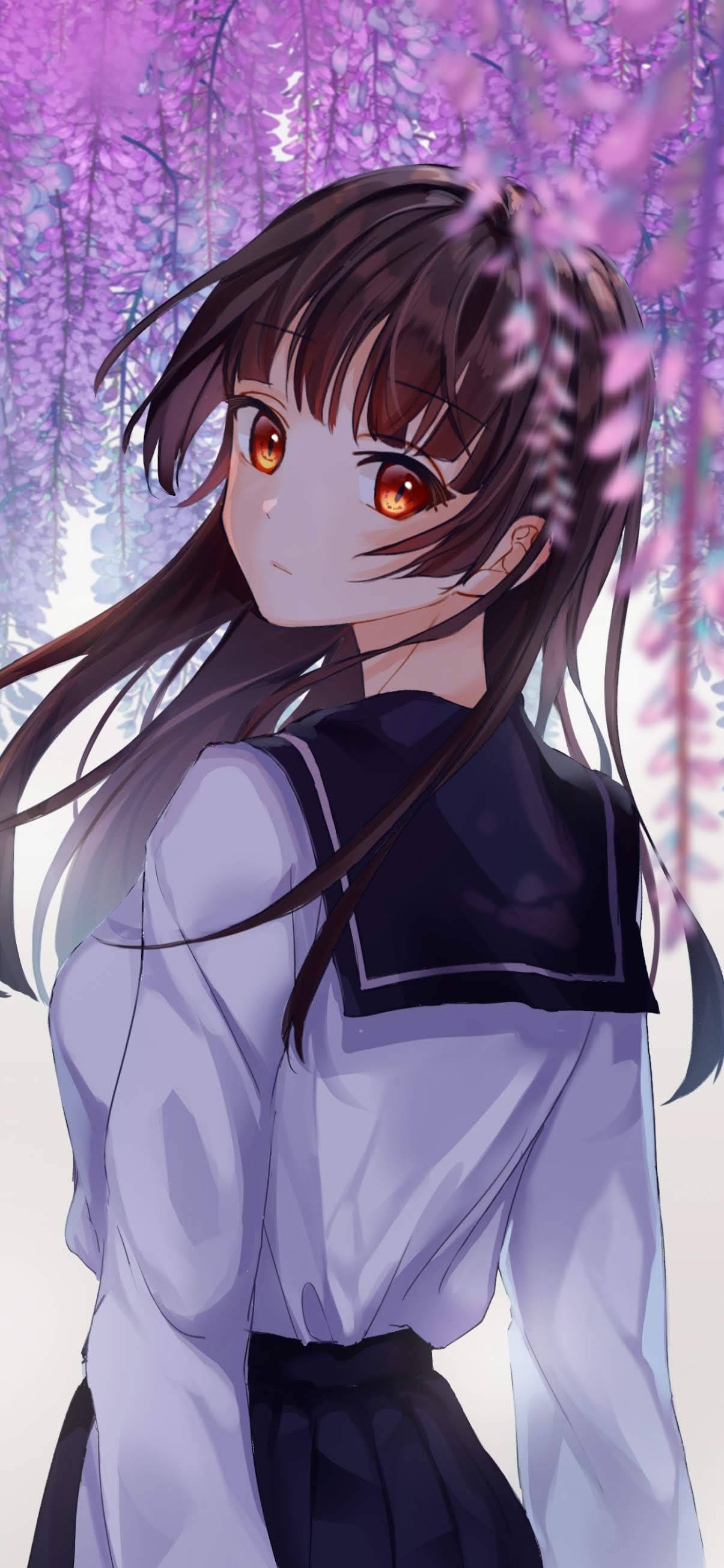anime girl, glowing orange eyes, dark hair, 2K Phone Wallpaper
