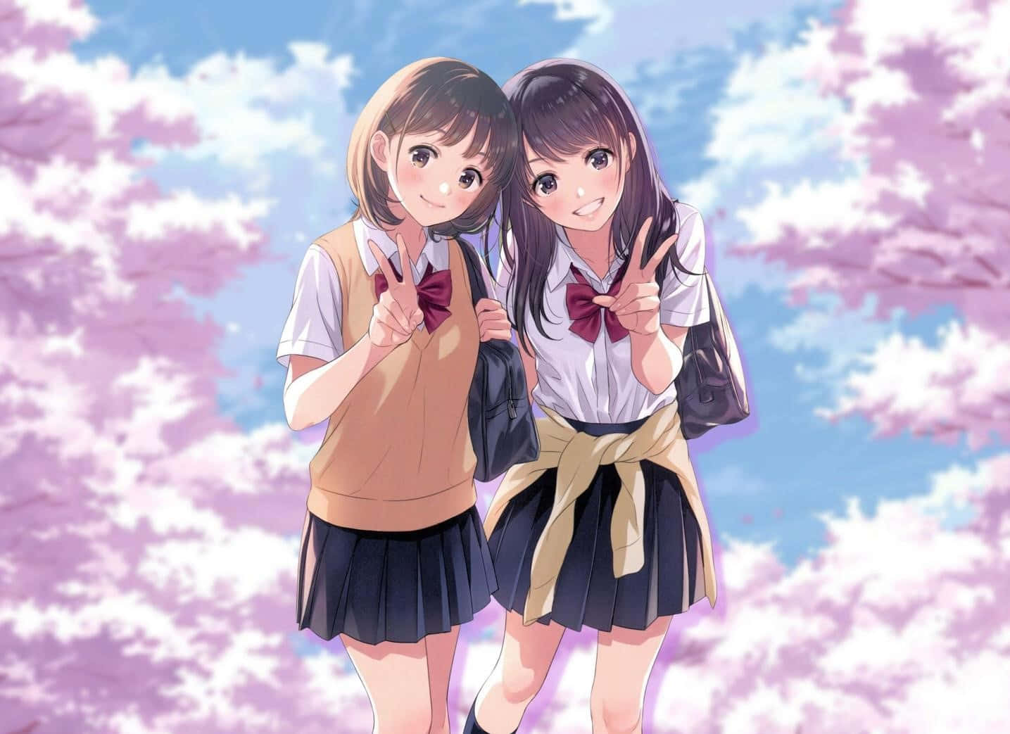 anime school girl, school uniforms, peace signs, HD Desktop Wallpaper