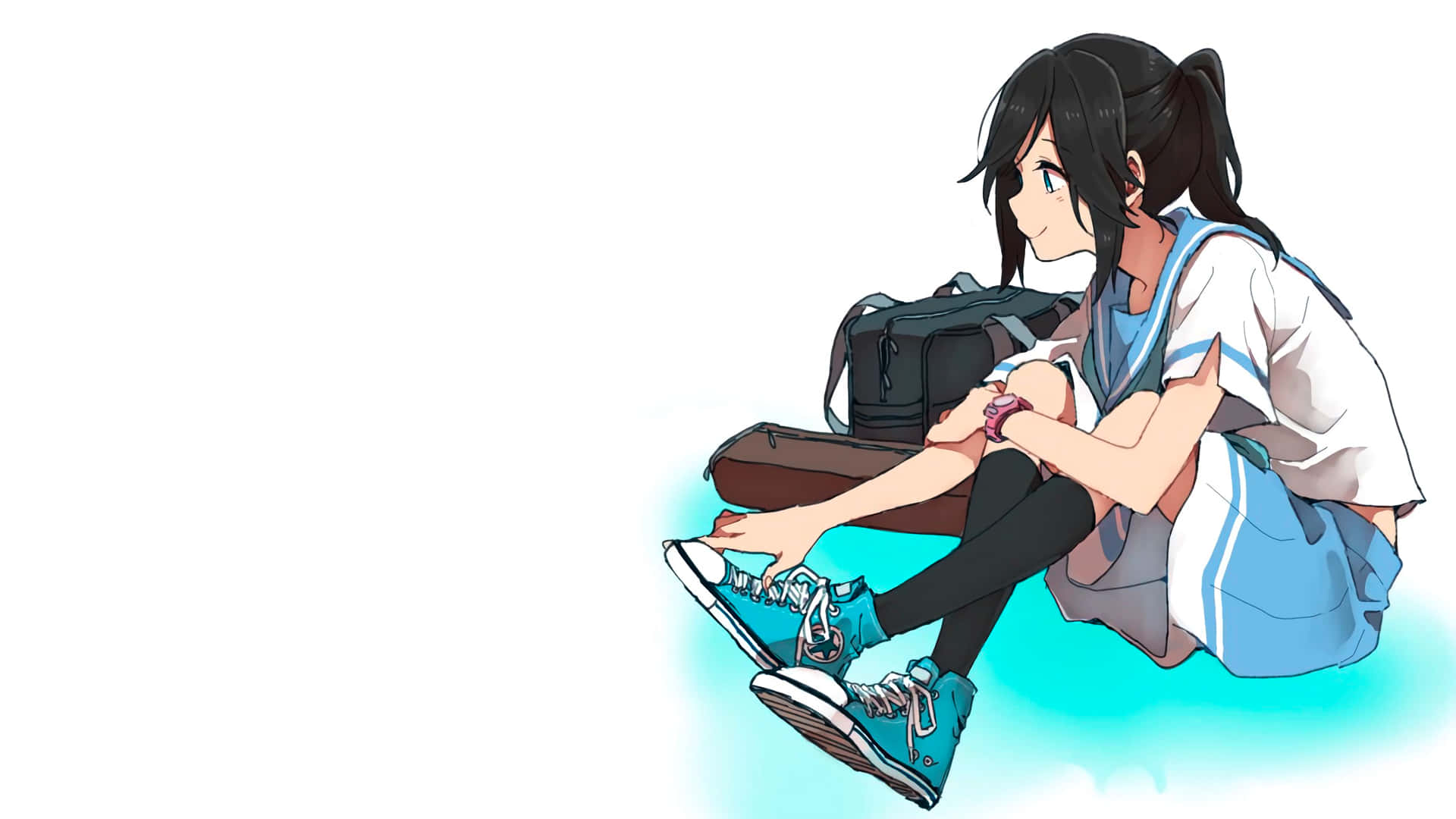 anime school girl, school uniform, blue sneakers, Full HD Desktop Wallpaper