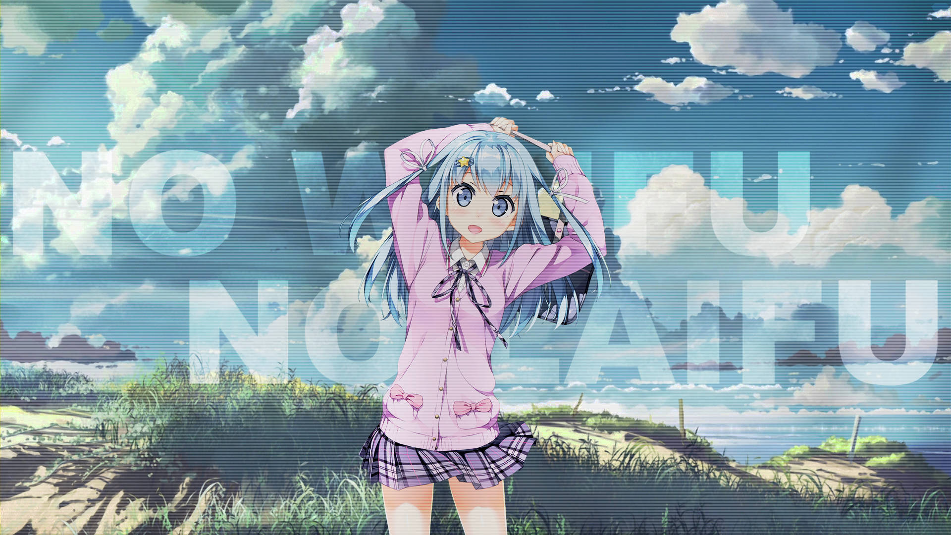 blue-haired, anime girl, pink school uniform, Full HD Desktop Wallpaper