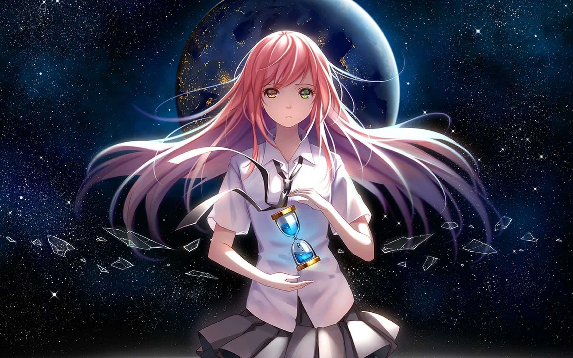 pink-haired anime girl, school uniform, glowing hourglass, Full HD Desktop Wallpaper