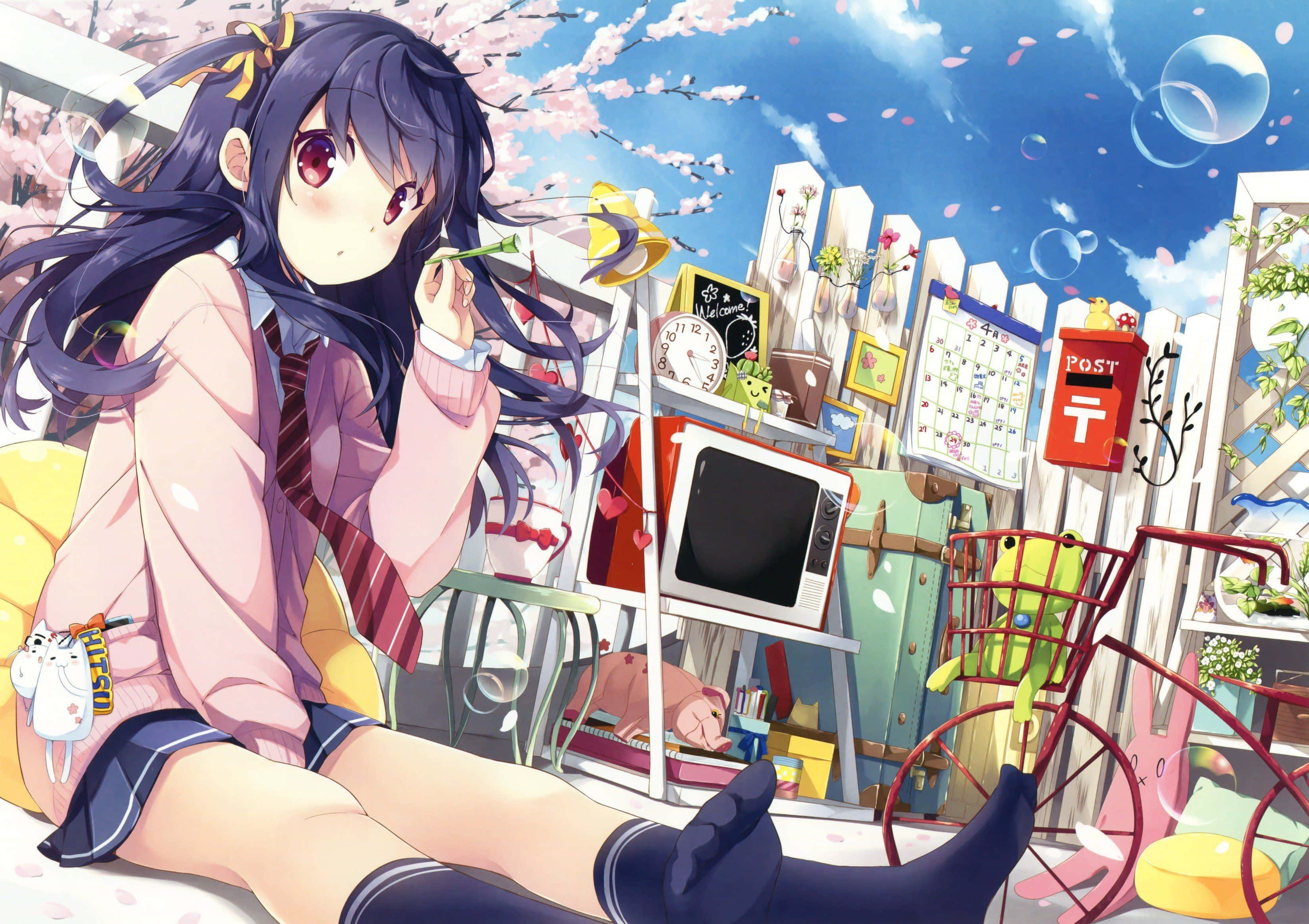 anime school girl uniform, cherry blossoms, whimsical cluttered yard, 2K Desktop Wallpaper