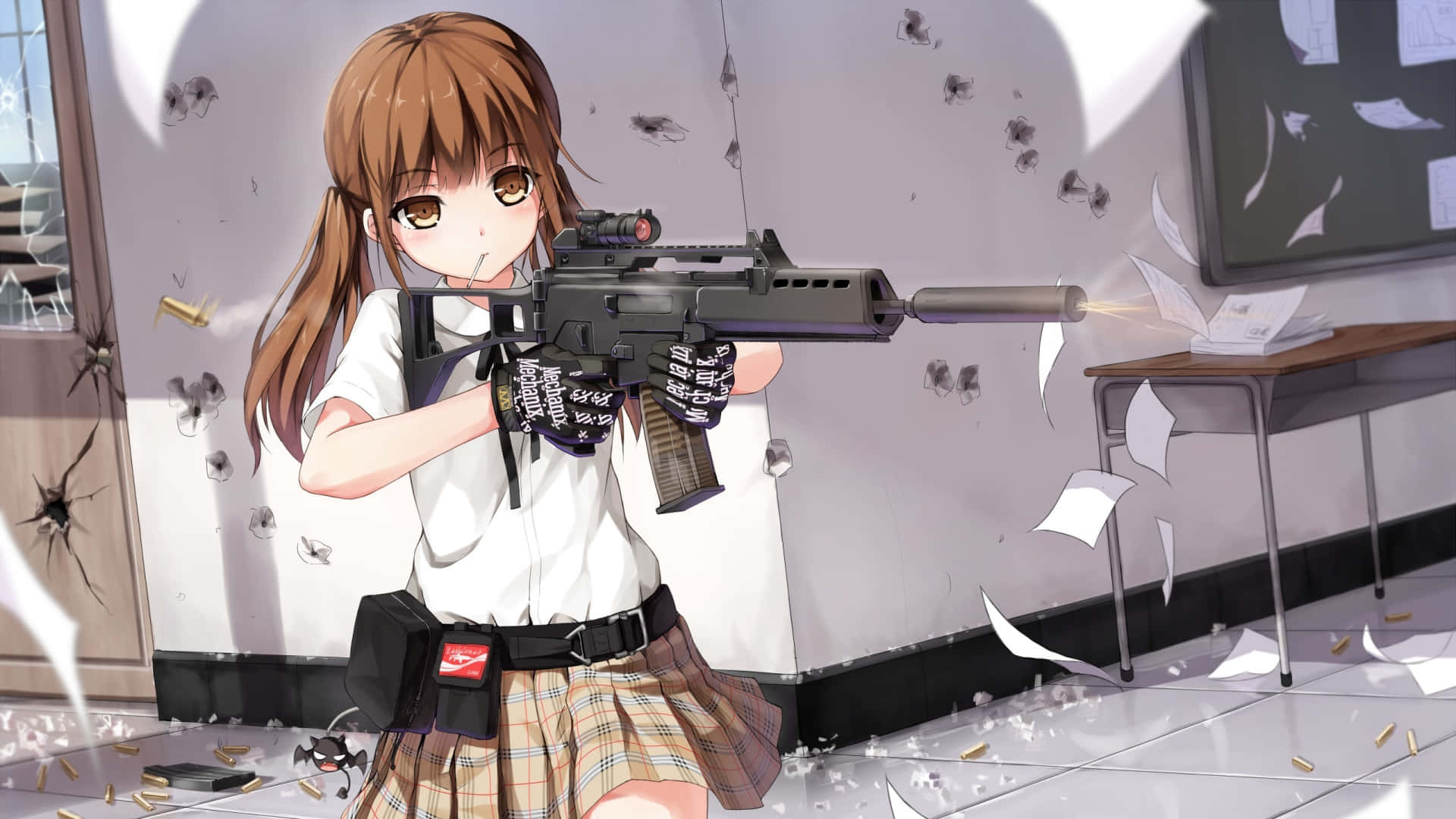 anime girl, school uniform, rifle, Full HD Desktop Wallpaper