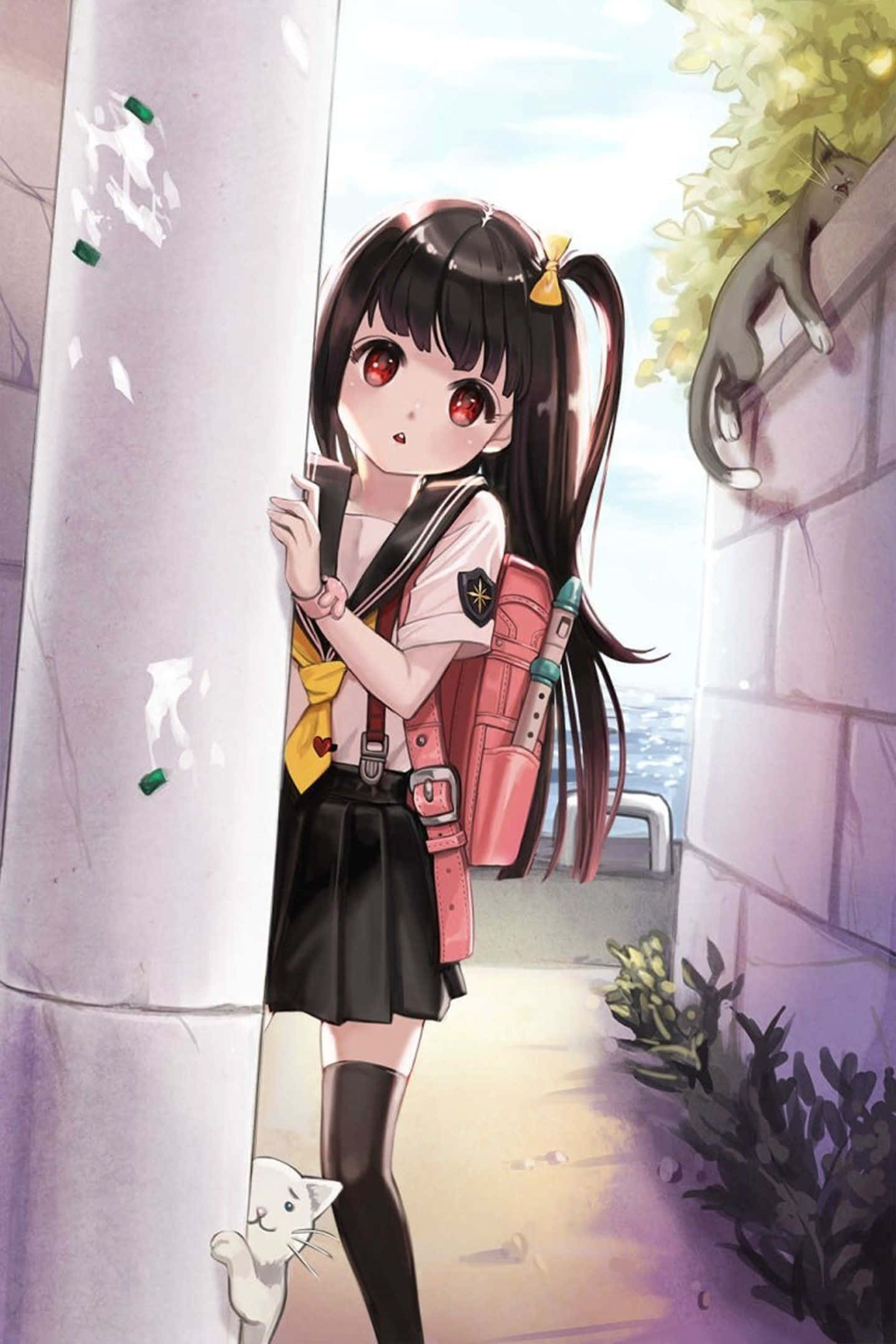 red eyed girl, school girl uniform, anime girl, Full HD Phone Wallpaper