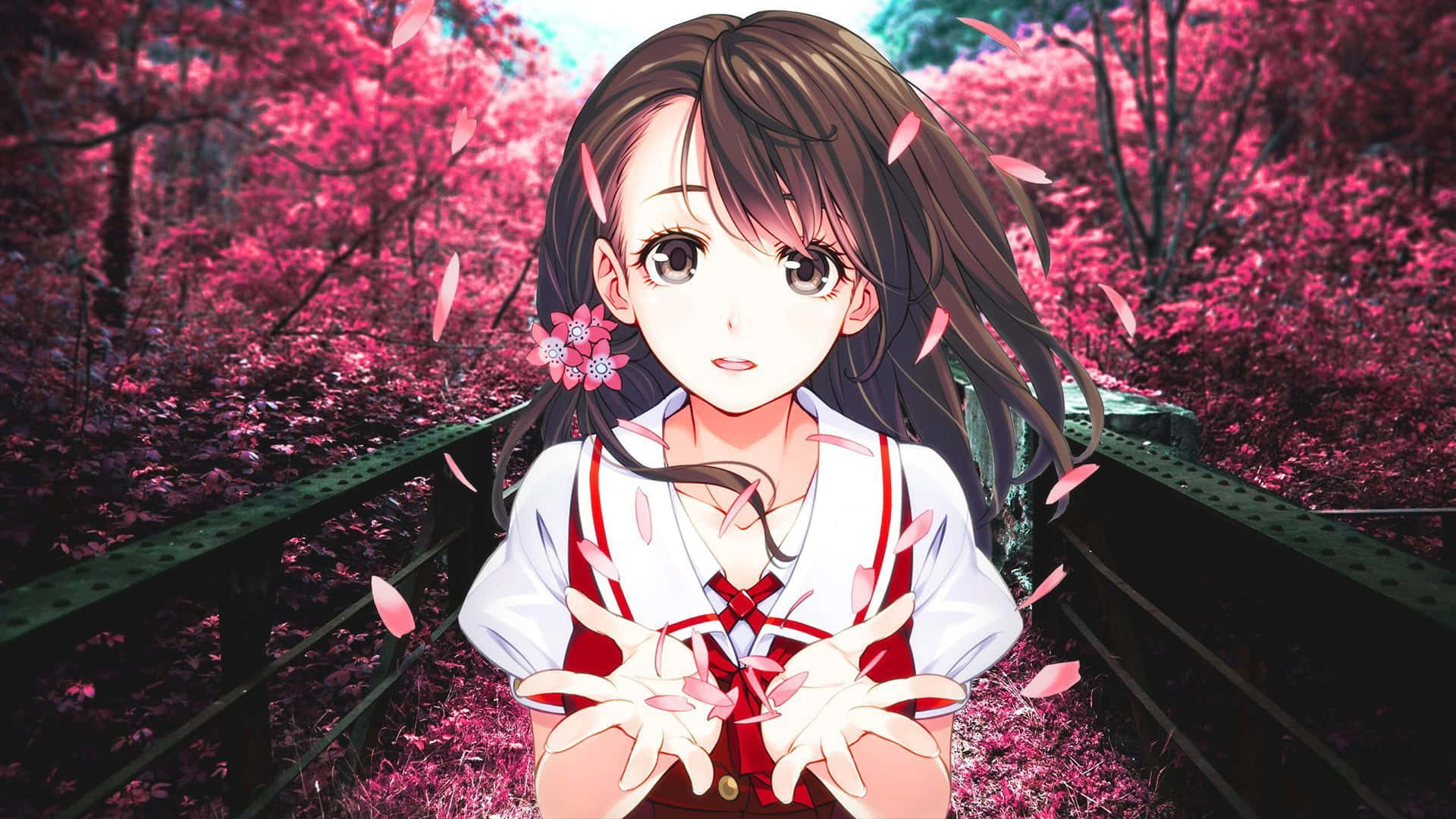 school girl, cherry blossom uniform, red and white school uniform, Full HD Desktop Wallpaper