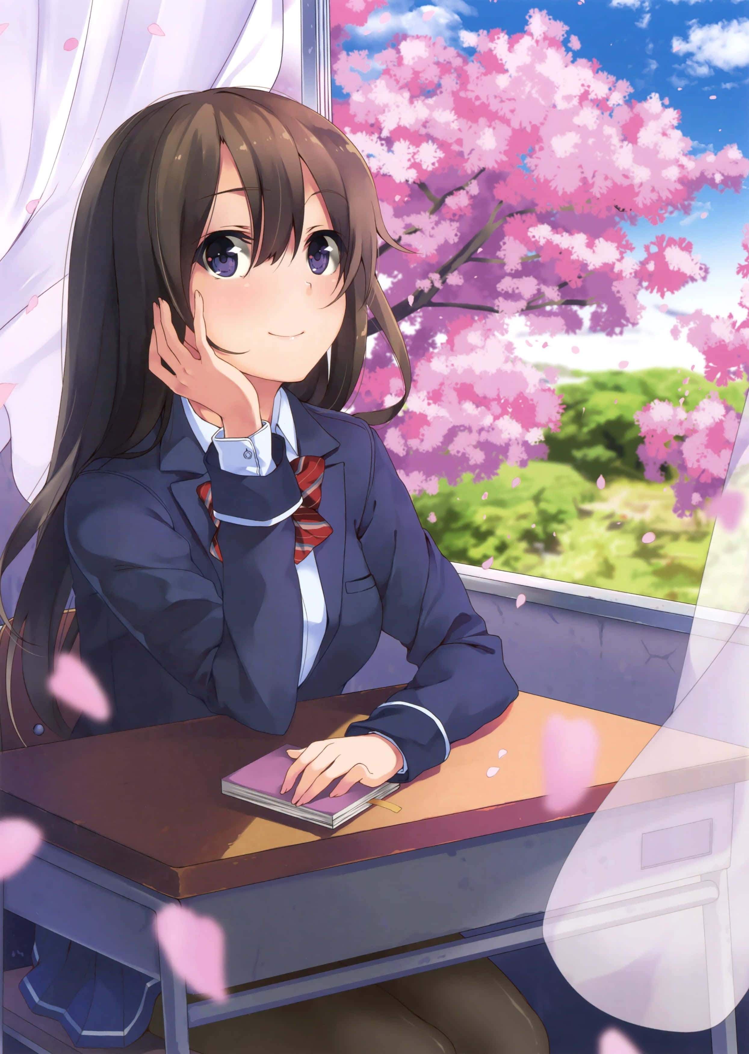 school girl uniform, classroom, anime girl, 2K Phone Wallpaper