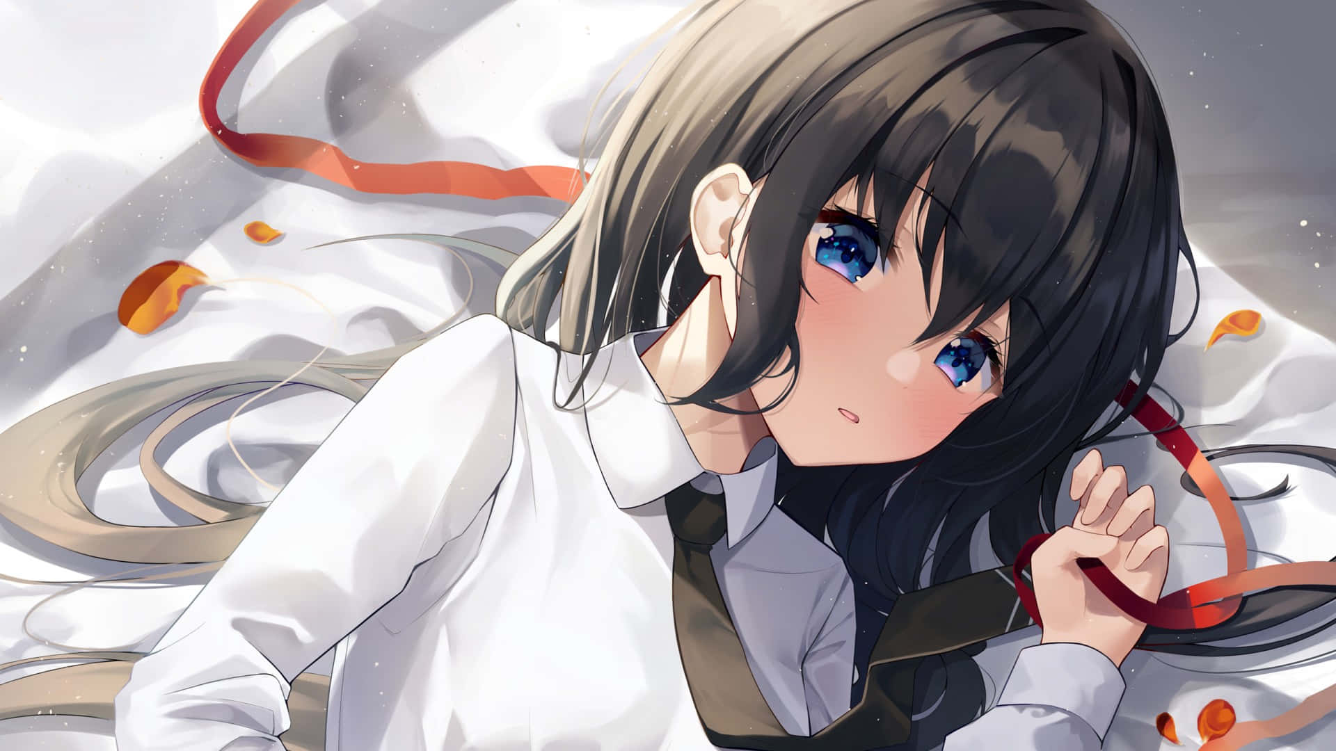 anime school girl, dark hair, blue eyes, Full HD Desktop Wallpaper