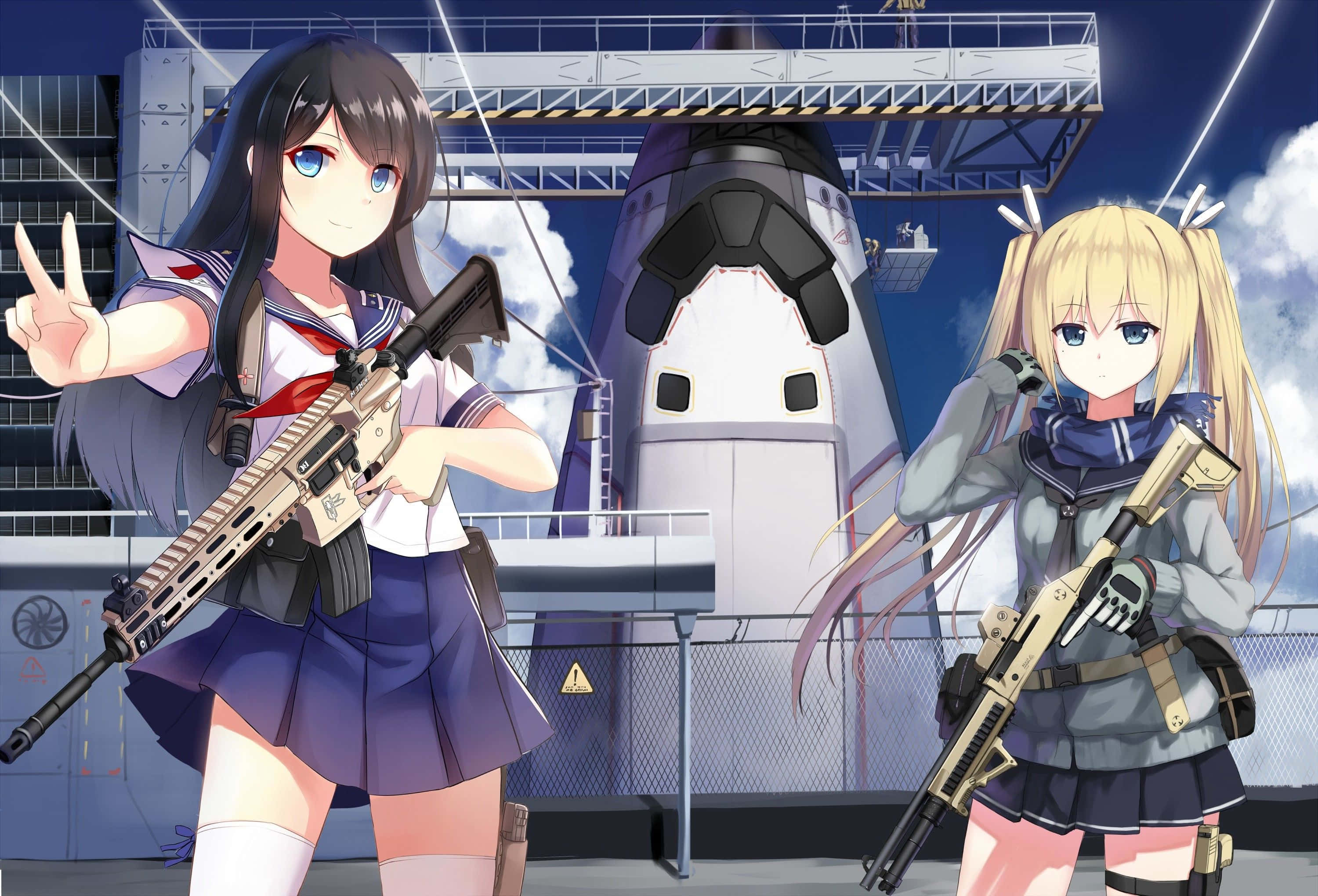 anime girls, school uniforms, rifles, 2K Desktop Wallpaper