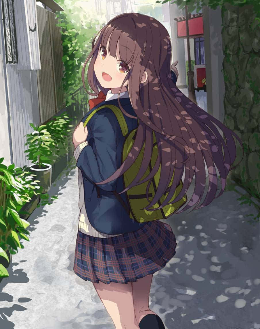 anime school girl, long brown hair, green backpack, SD Phone Wallpaper