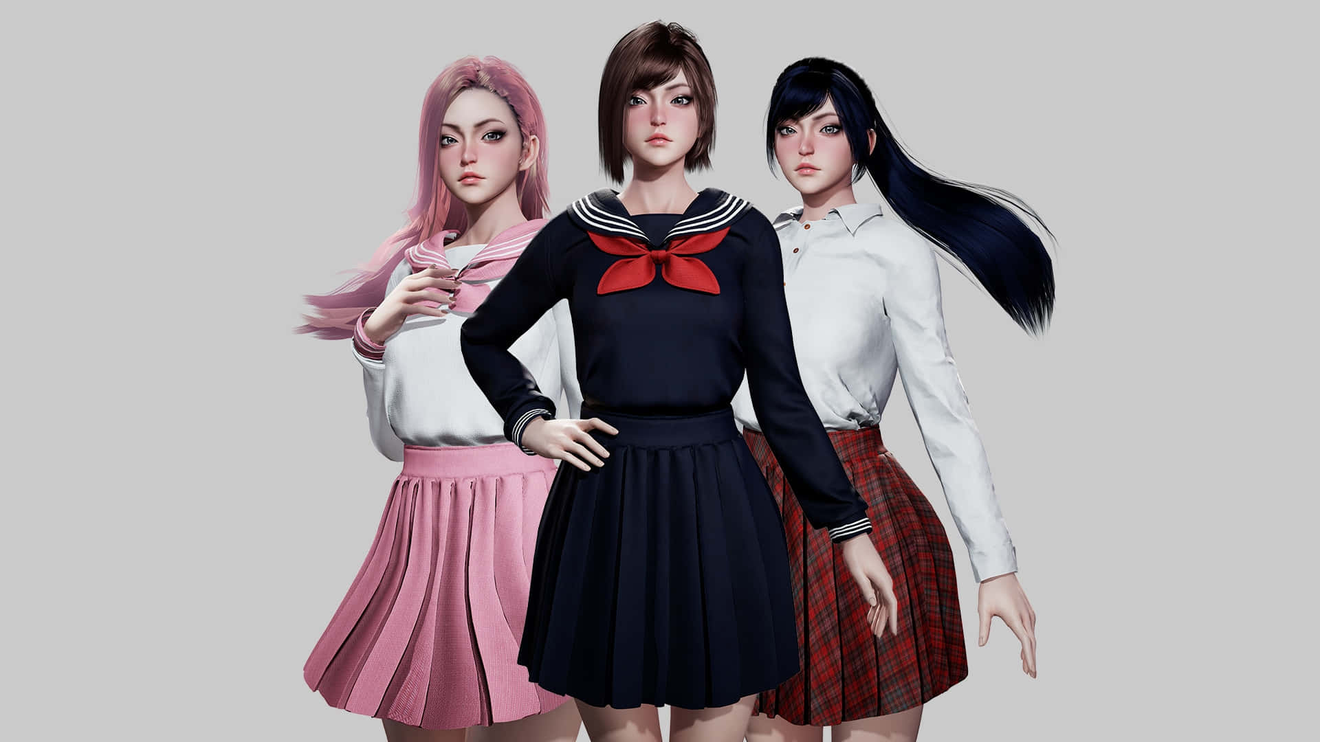anime school girl, cute group, distinct uniforms, Full HD Desktop Wallpaper