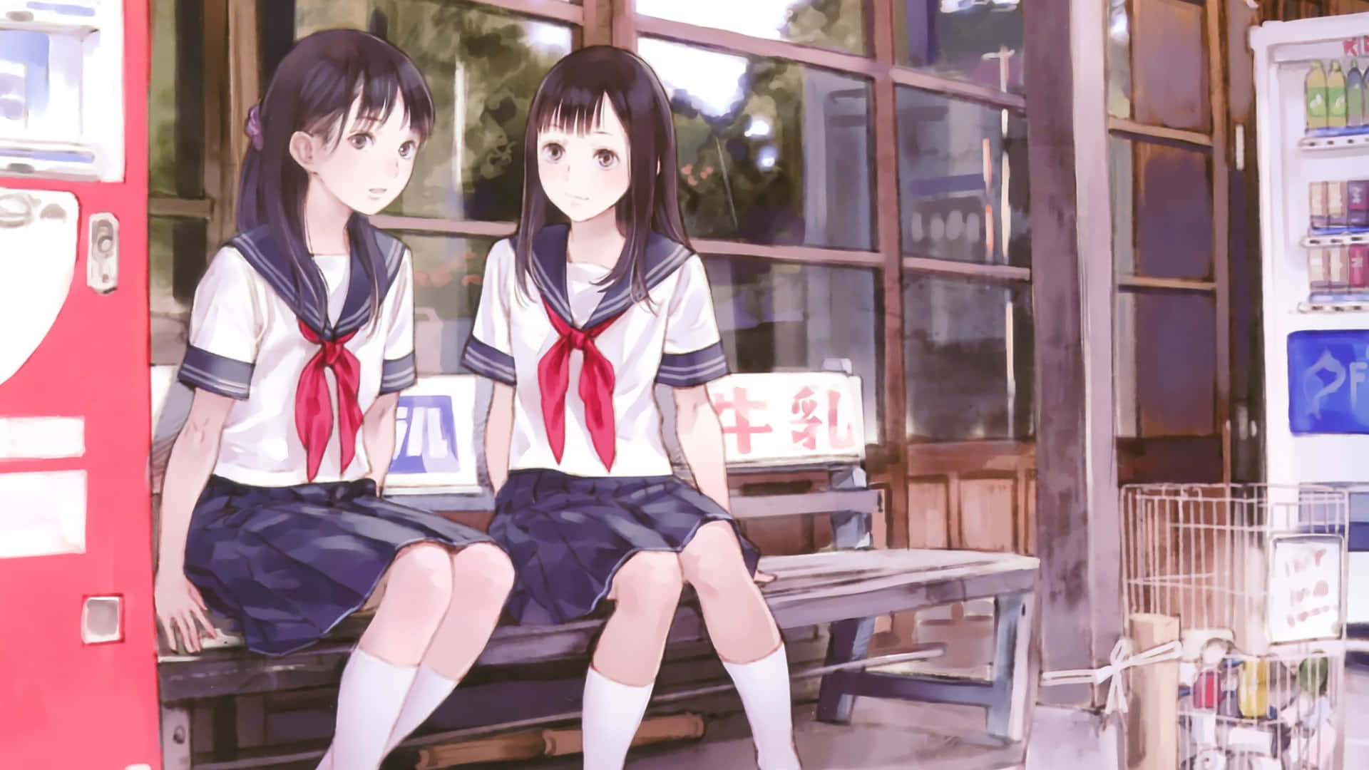 sailor uniform, anime girls, vending machines, Full HD Desktop Wallpaper