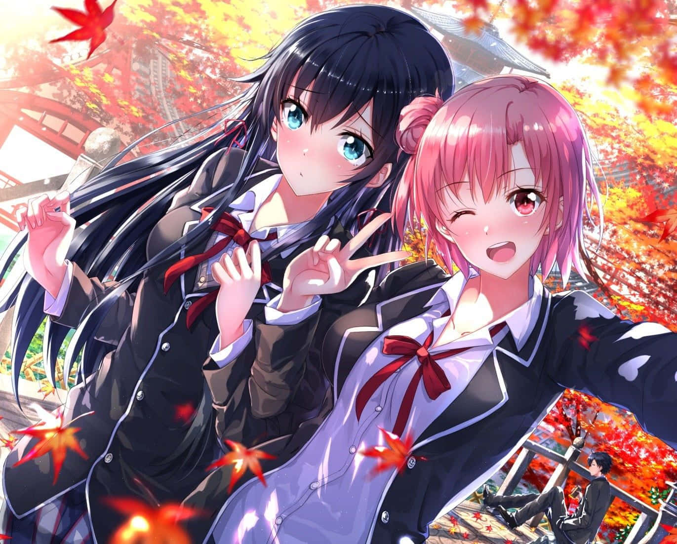 school girl uniforms, anime girls, red autumn leaves, HD Desktop Wallpaper
